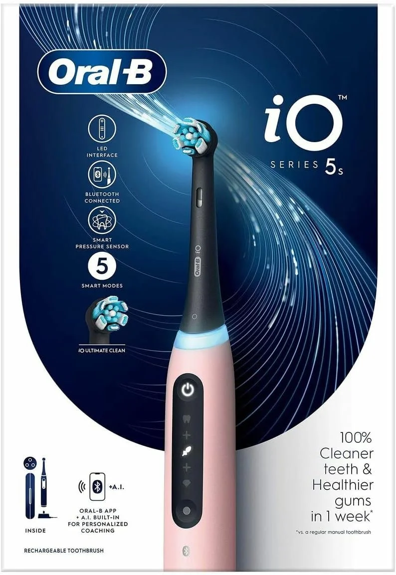 مسواک برقی صورتی Oral-B iO 5S، دارای 1 سری مسواک، 1 جعبه مسافرتی، طراحی شده توسط Braun