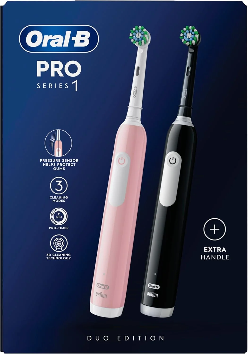Oral-B Pro 1 X2 Electric Toothbrushes For Adults With 3D Cleaning, 2 Toothbrush Heads, Gum Pressure Control, 2 Pin UK Plug, Pink & Black
