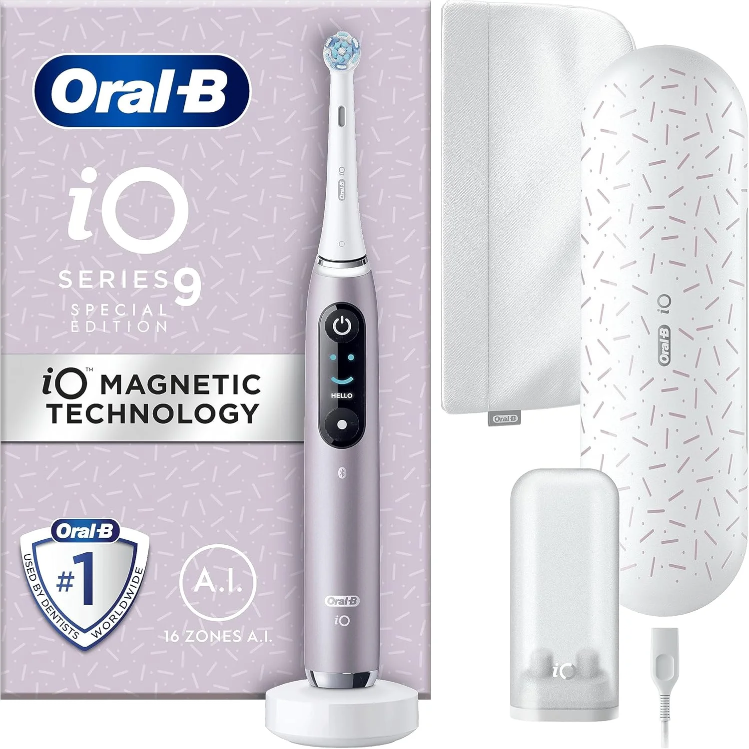مسواک برقی بزرگسالان Oral-B iO9، دسته متصل به برنامه، 1 عدد سری مسواک، کیف مسافرتی شارژ شونده و کیف مغناطیسی، 7 حالت، دوشاخه 2 پین، نسخه ویژه