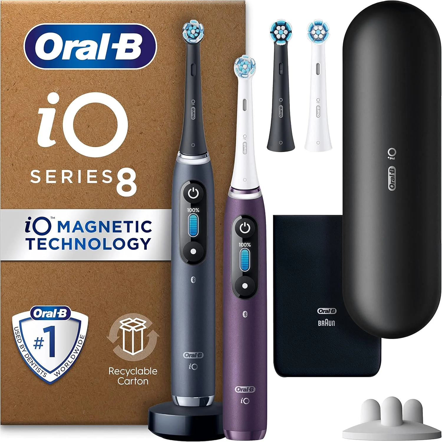 Oral-B iO8 2x Electric Toothbrushes For Adults, App Connected Handles, 4 Toothbrush Heads, 1 Travel Case, Toothbrush Head Holder, 6 Modes, 2 Pin UK Plug, Black/Violet