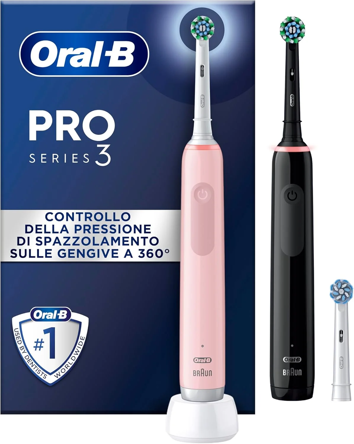 Oral-B Pro 3 3900N Set of 2 Black and Pink Electric Toothbrushes, 3 Brushes, Designed by Braun
