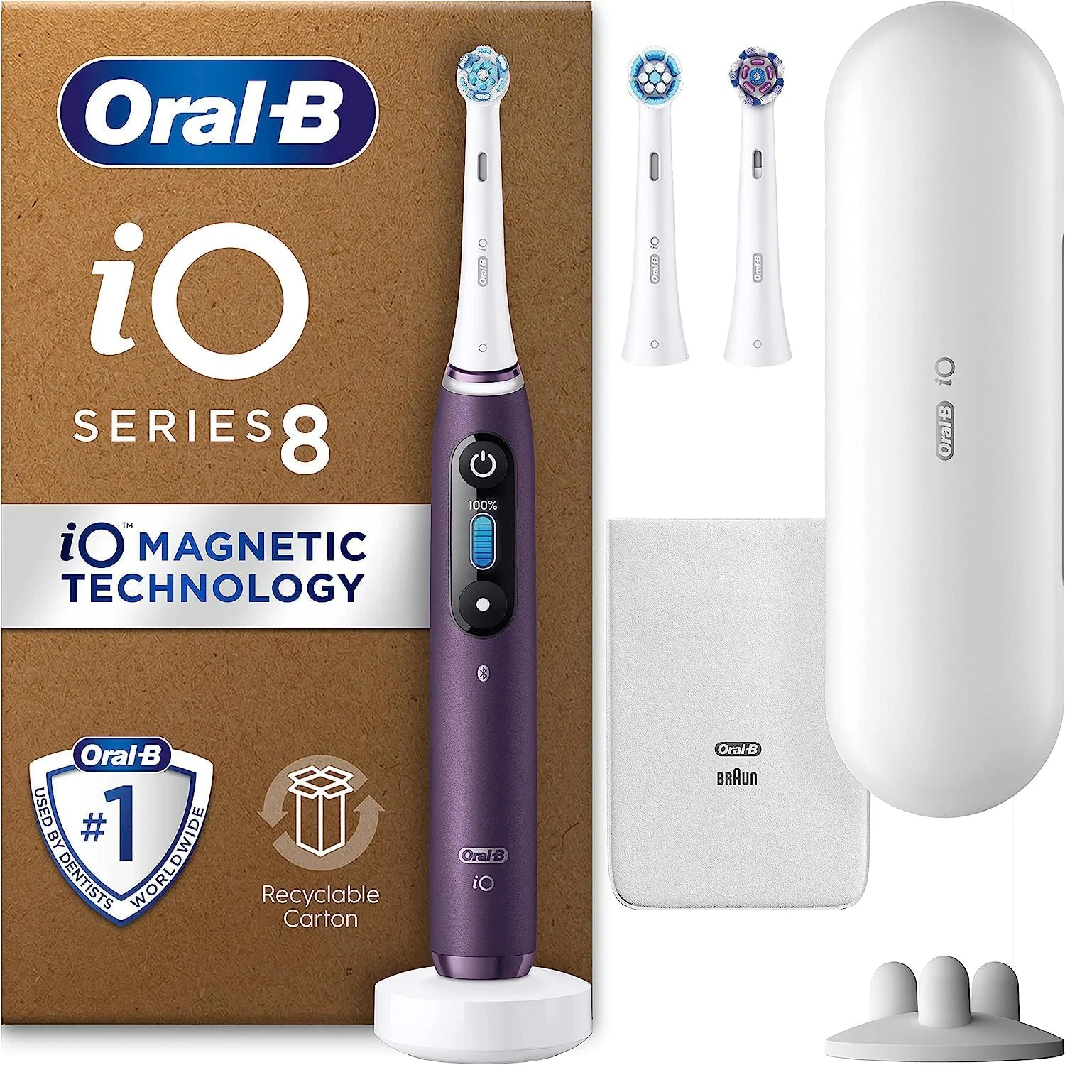 مسواک برقی بزرگسالان Oral-B iO8، دسته متصل به برنامه، 3 سری مسواک، کیف مسافرتی و نگهدارنده سری مسواک، 6 حالت، دوشاخه 2 پین بریتانیا، بنفش