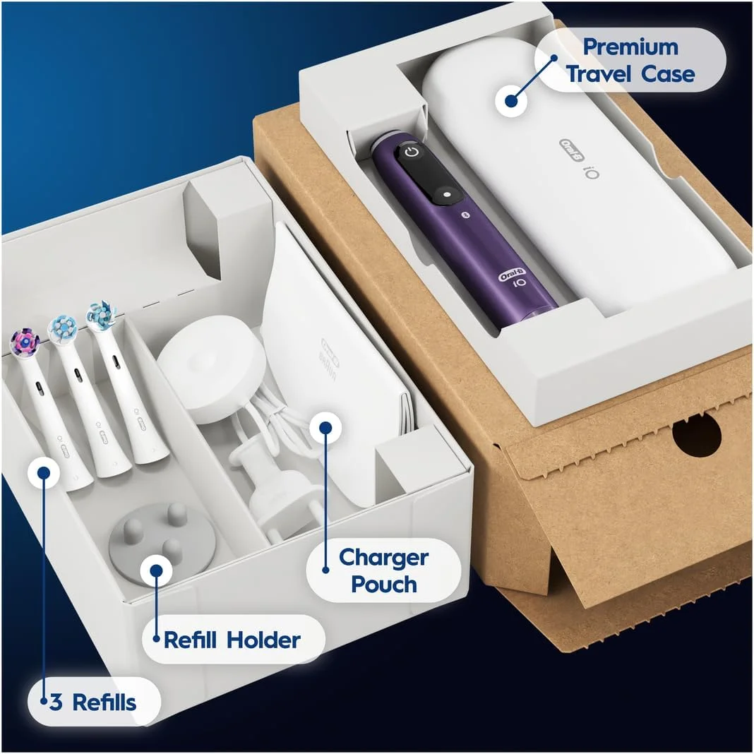 مسواک برقی بزرگسالان Oral-B iO8، دسته متصل به برنامه، 3 سری مسواک، کیف مسافرتی و نگهدارنده سری مسواک، 6 حالت، دوشاخه 2 پین بریتانیا، بنفش مسواک برقی بزرگسالان Oral-B iO8، دسته متصل به برنامه، 3 سری مسواک، کیف مسافرتی و نگهدارنده سری مسواک، 6 حالت، دوشاخه 2 پین بریتانیا، بنفش