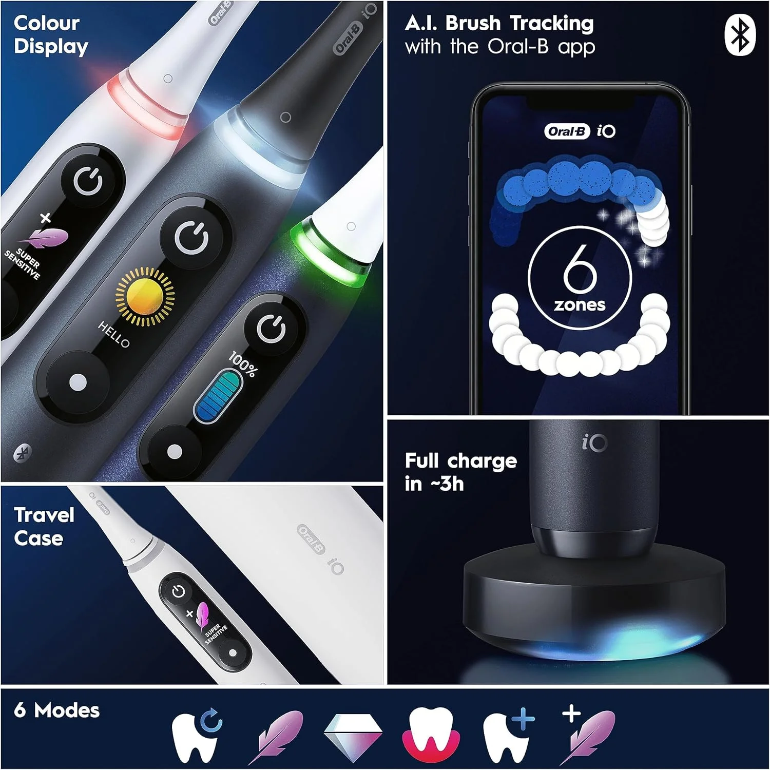 Oral-B iO8 2x Electric Toothbrushes For Adults, App Connected Handles, 4 Toothbrush Heads, 1 Travel Case, Toothbrush Head Holder, 6 Modes, 2 Pin UK Plug, Black/Violet Oral-B iO8 2x Electric Toothbrushes For Adults, App Connected Handles, 4 Toothbrush Heads, 1 Travel Case, Toothbrush Head Holder, 6 Modes, 2 Pin UK Plug, Black/Violet
