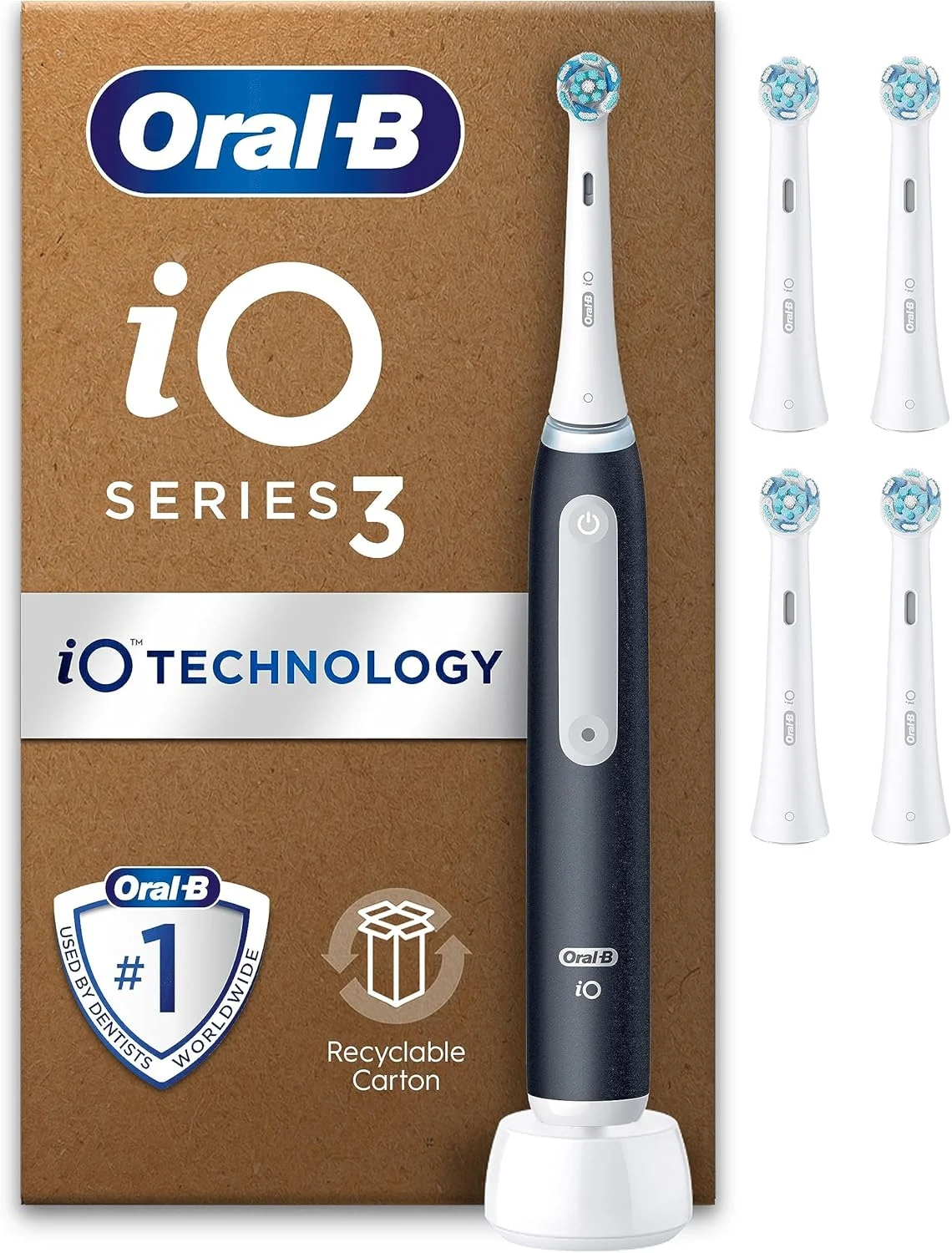 Oral-B iO3 Electric Toothbrushes Adults, 4 Toothbrush Heads, 3 Modes With Teeth Whitening, 2 Pin UK Plug, Black