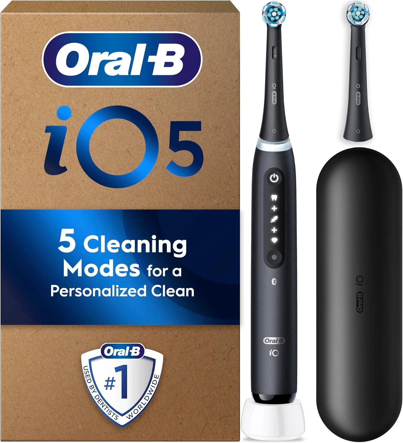 Oral-B iO5 Electric Toothbrushes for Adults, 2 Toothbrush Head & Travel Case, 5 Modes with Teeth Whitening, UK 2 Pin Plug, Black