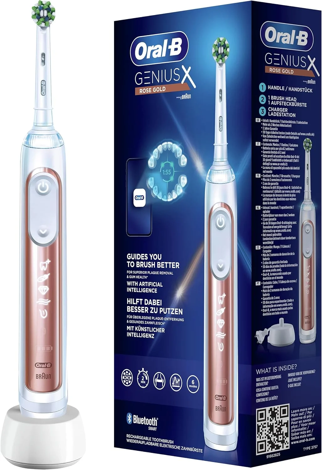 Oral-B Genius X Elektrische Zahnbürste/Electric Toothbrush, 6 Putzmodi für Zahnpflege, künstliche Intelligenz & Bluetooth-App, Designed by Braun, rosegold
