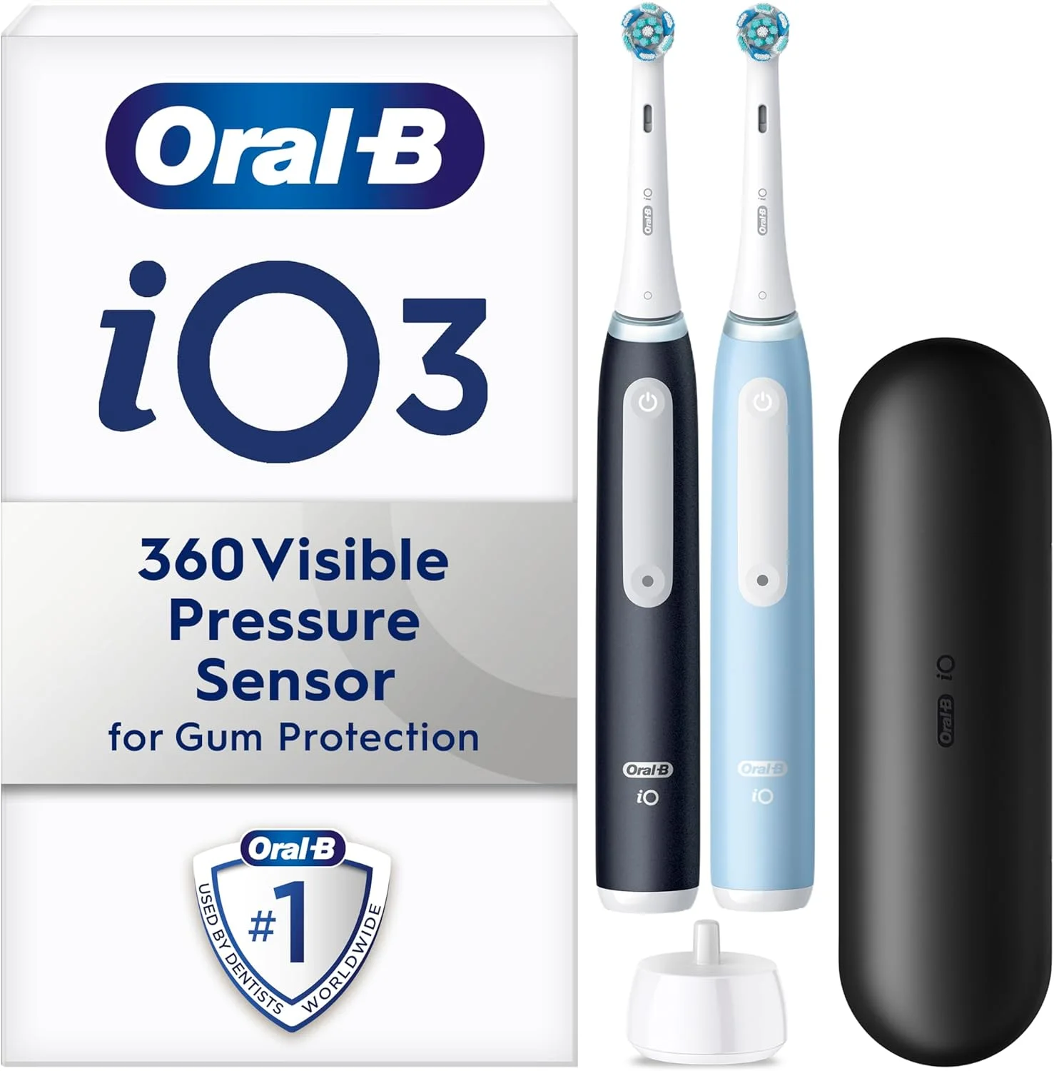 Oral-B iO3 2X Electric Toothbrushes For Adults, Gifts For Her/Him, 2 Toothbrush Heads & 1 Travel Case, 3 Modes With Teeth Whitening, 2 Pin UK Plug, Black & Blue