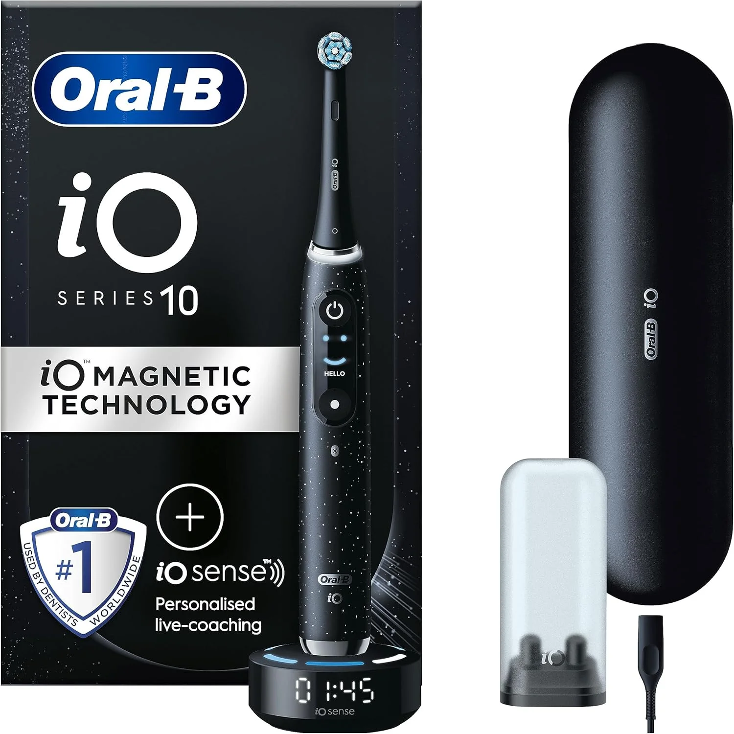 مسواک برقی بزرگسالان Oral-B iO10، هدیه برای خانم ها/آقایان، 1 دسته، 1 سر مسواک Ultimate Clean، جعبه مسافرتی شارژ، 7 حالت، دوشاخه 2 پین UK، مشکی کیهانی، مسواک Oral B IO
