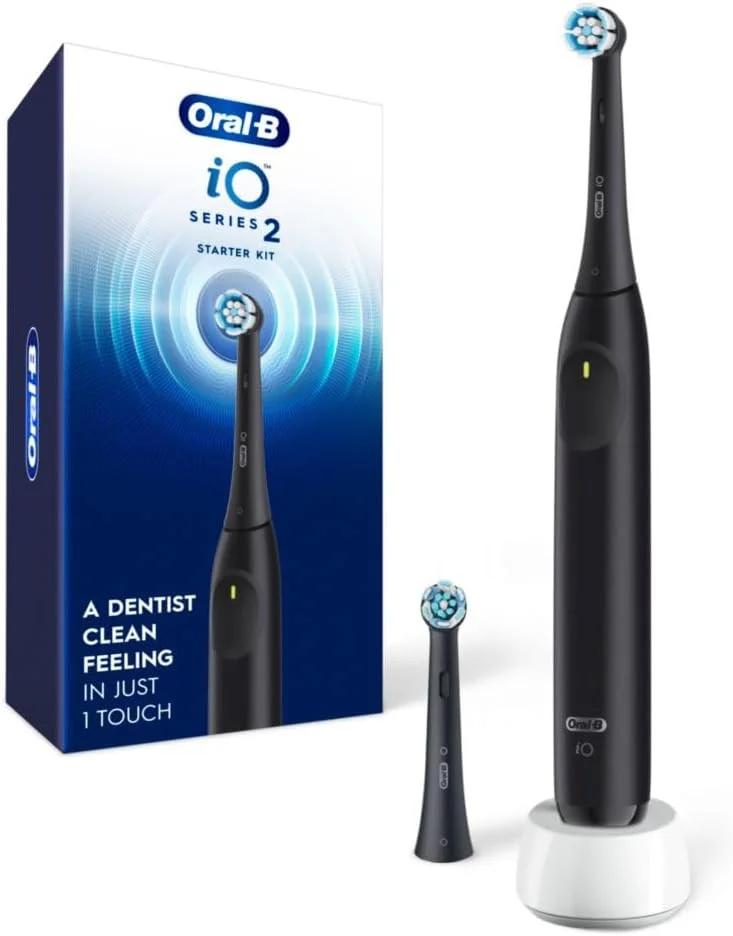 کیت استارتر مسواک برقی شارژی Oral-B iO Series 2، مشکی شب با 2 سری مسواک - سنسور فشار خودکار برای محافظت از لثه ها - 3 حالت - تایمر 2 دقیقه ای
