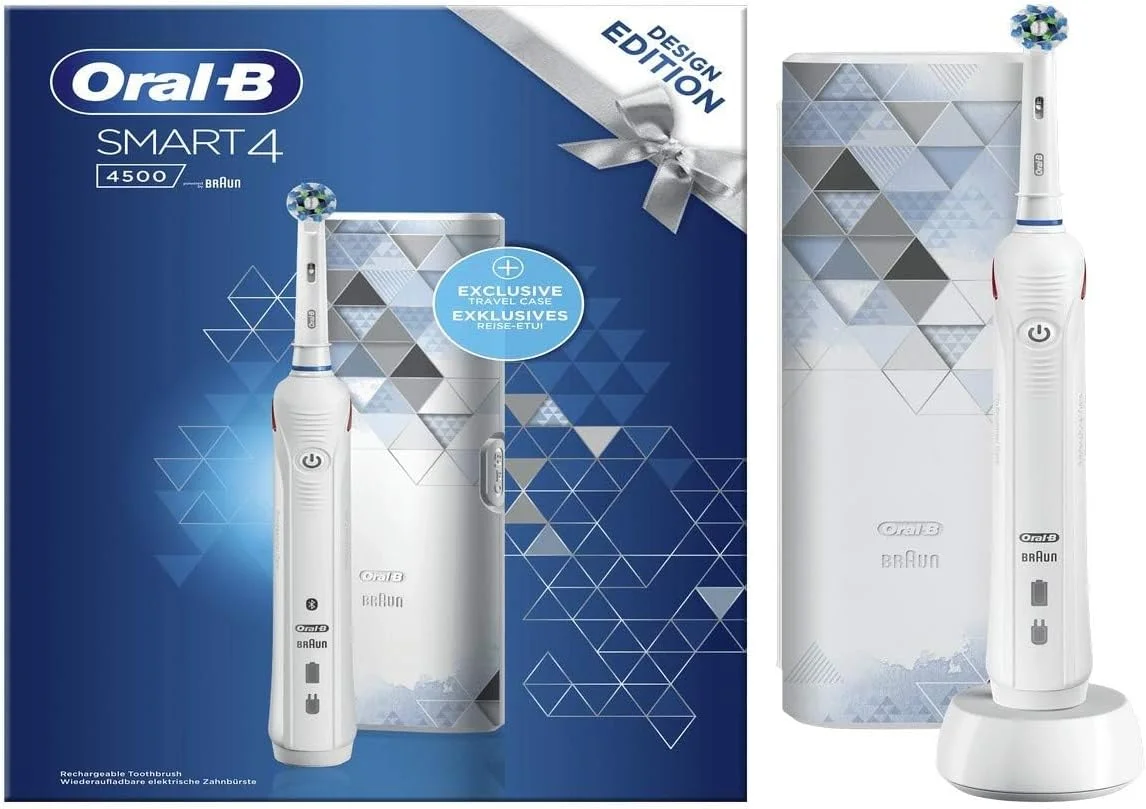 مسواک برقی شارژی اورال-بی Smart 4-4500 - نسخه طراحی، 1 دسته سفید متصل با بلوتوث، 1 سری، 1 کیف مسافرتی اختصاصی