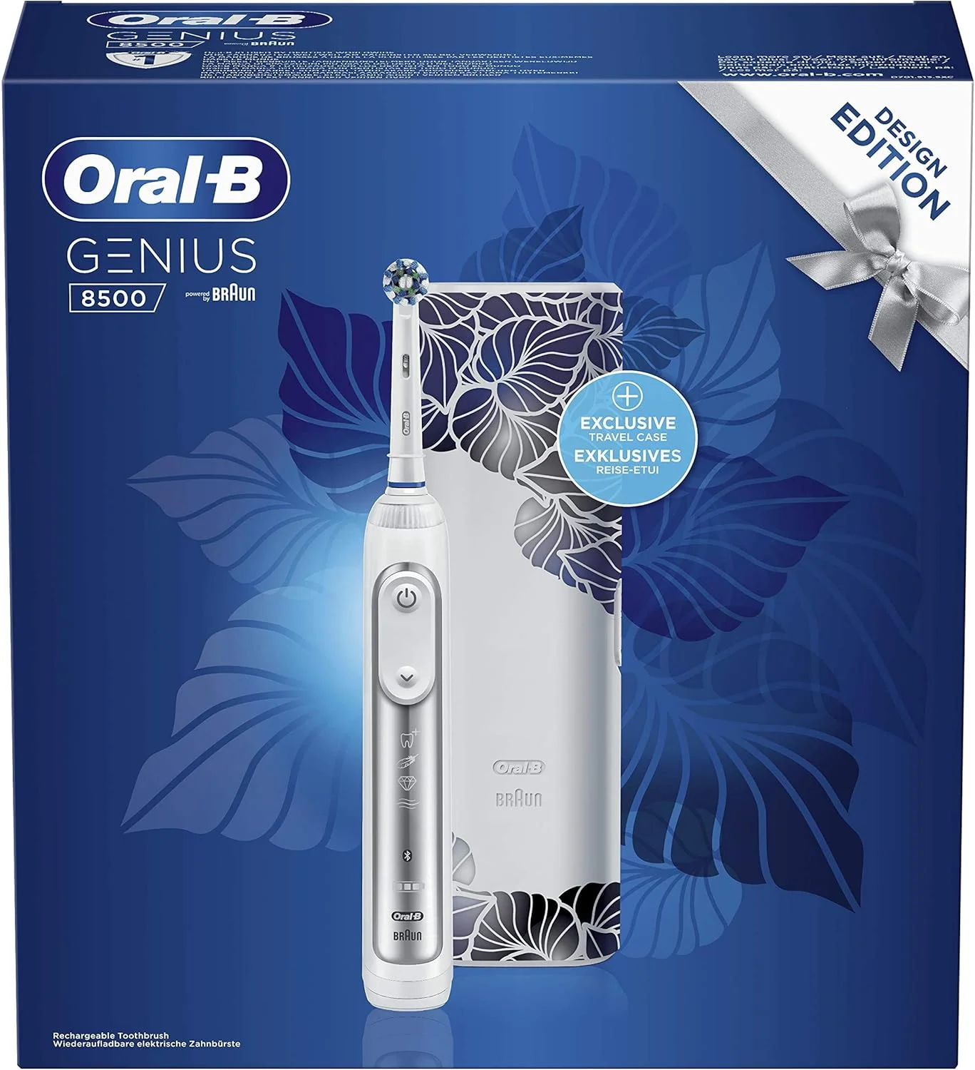 مسواک برقی شارژی اورال-بی Genius 8500n با دسته متصل بلوتوثی، حسگر موقعیت، 1 برس و 1 کیف مسافرتی ممتاز رایگان، نقره ای