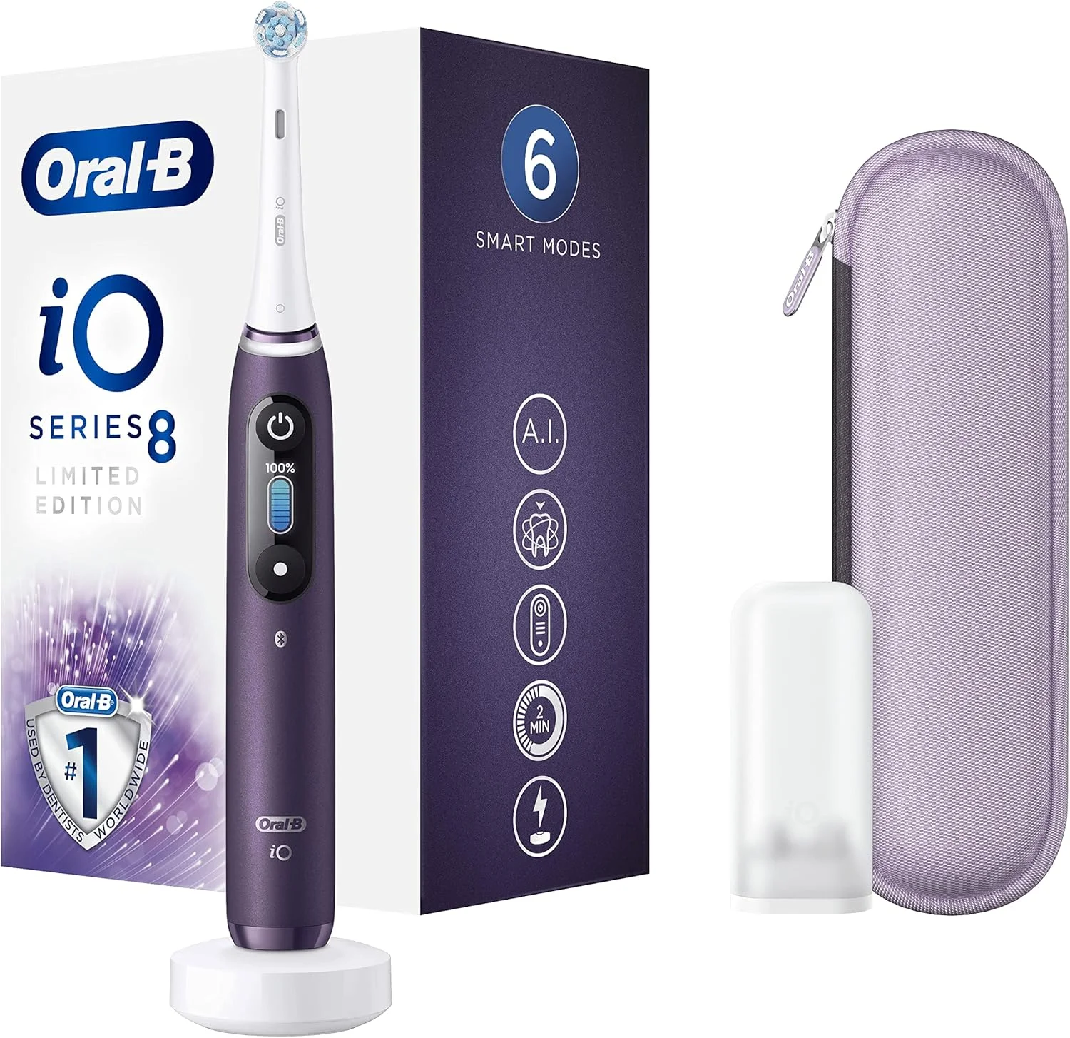 مسواک برقی بزرگسالان Oral-B iO8، هدیه برای زنان/مردان، دسته متصل به برنامه، 1 عدد سری مسواک و کیف مسافرتی، 6 حالت با سفید کننده دندان، دوشاخه 2 پین UK، نسخه محدود