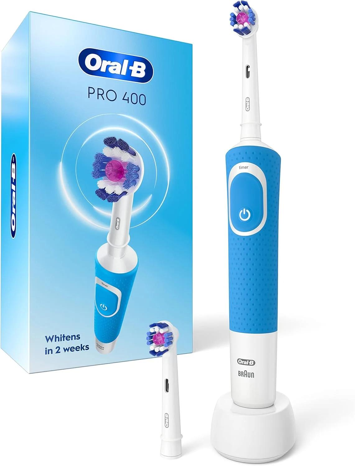 مسواک برقی اورال-بی پرو 400 3D White Vitality با (2) سری مسواک، قابل شارژ، آبی
