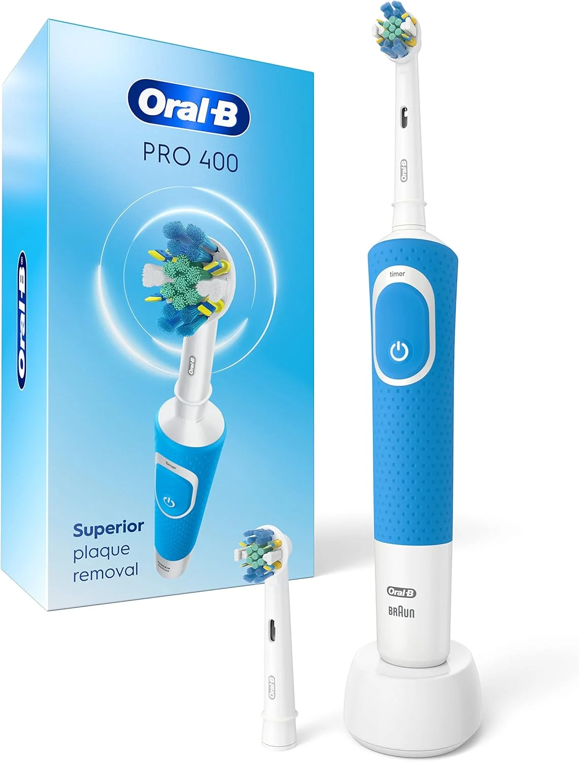 مسواک برقی اورال-بی پرو 400 مدل Floss Action Vitality با (2) سری مسواک، قابل شارژ، آبی