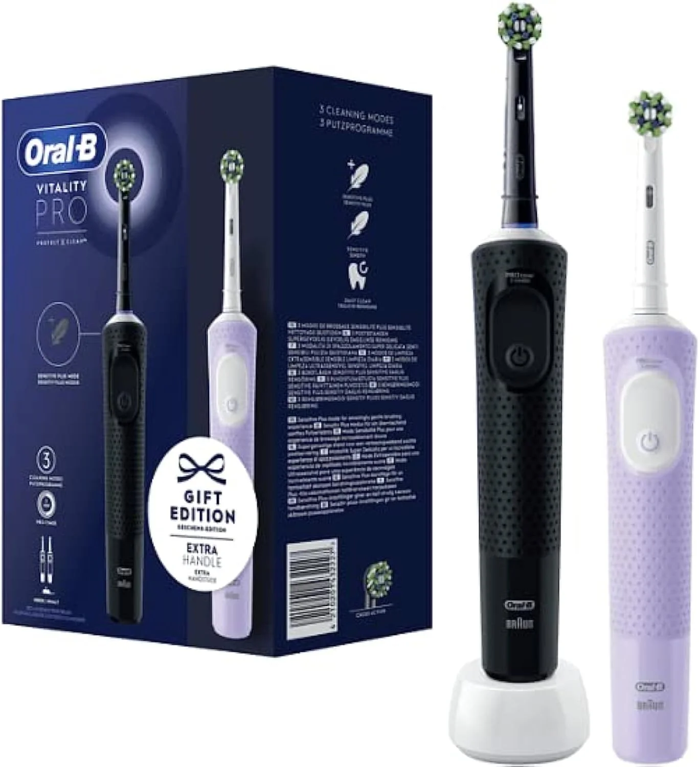 مسواک برقی Oral-B Vitality Pro، بسته دوتایی با 2 برس جایگزین، 3 حالت تمیز کردن برای مراقبت از دندان، هدیه برای آقایان/خانم ها، طراحی شده توسط Braun، مشکی/بنفش