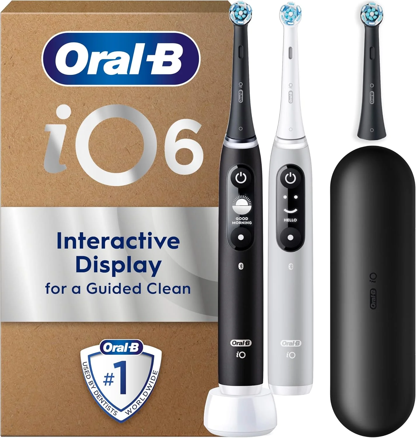 مسواک برقی دوتایی Oral-B iO Series 6 (مشکی و خاکستری)، 2 مسواک شارژی با 3 سری جایگزین و کیف مسافرتی، طراحی شده توسط Braun