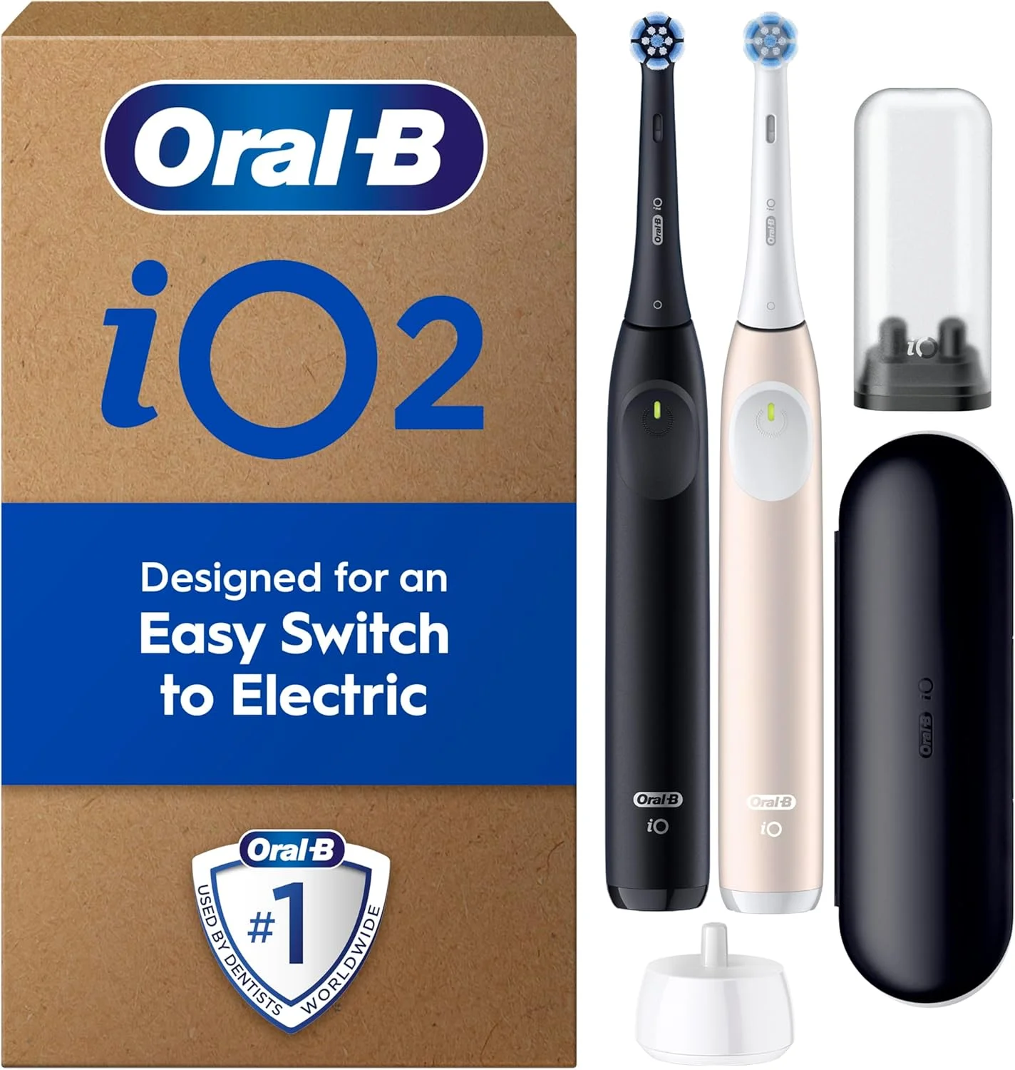 مسواک برقی دوقلو Oral-B iO2، دارای 2 سری مسواک Gentle Care، 1 جعبه مسافرتی، 1 نگهدارنده یدک مسافرتی، مسواک بزرگسال Oral B (مشکی شب و صورتی آرام)، طراحی شده توسط Braun، دوشاخه 2 پین UK