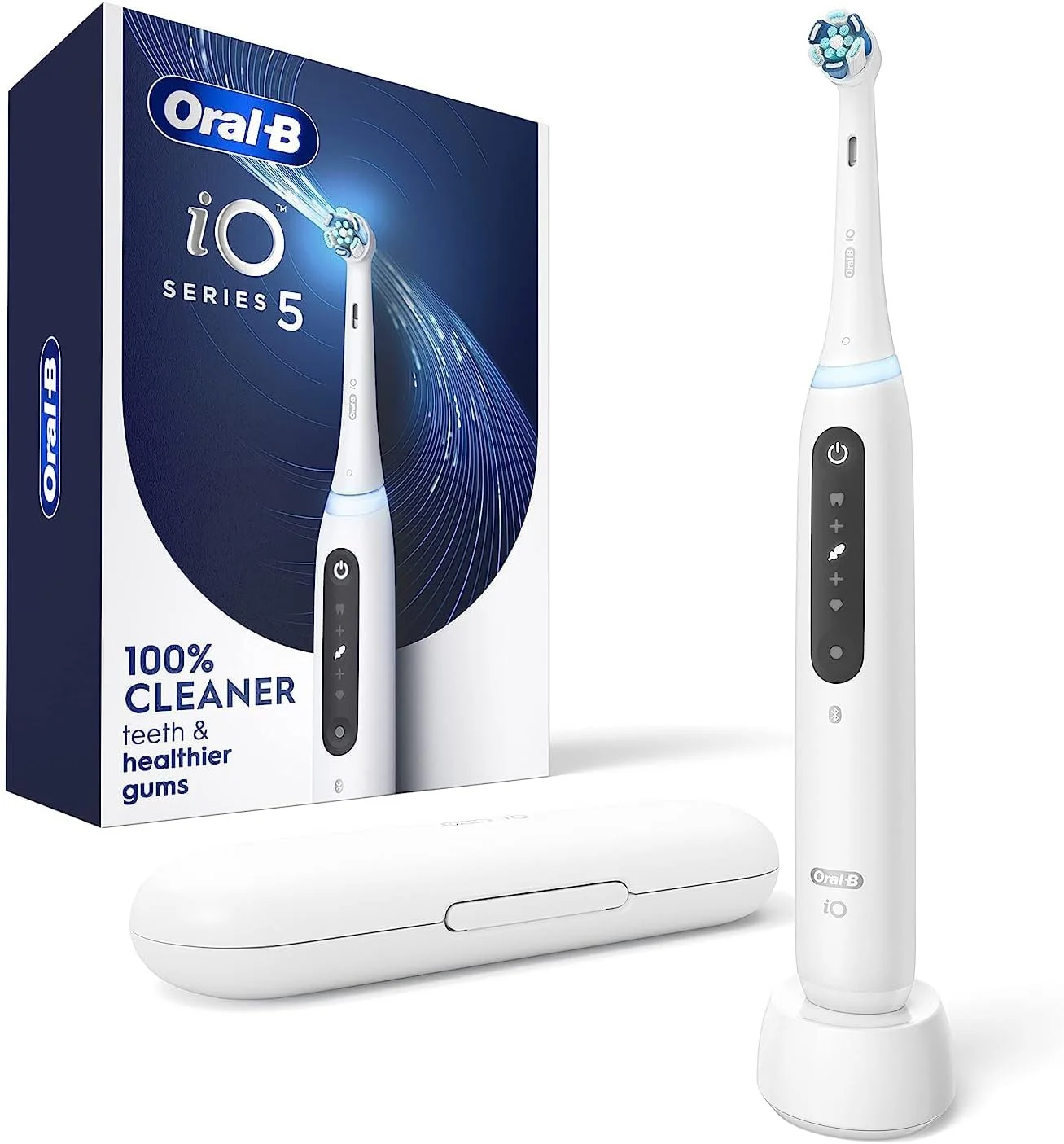 مسواک برقی شارژی Oral-B iO Series 5 با حسگر فشار قابل مشاهده برای محافظت از لثه، تایمر 2 دقیقه ای، 5 حالت تمیز کردن، 1 عدد سری مسواک جایگزین و کیف مسافرتی، سفید