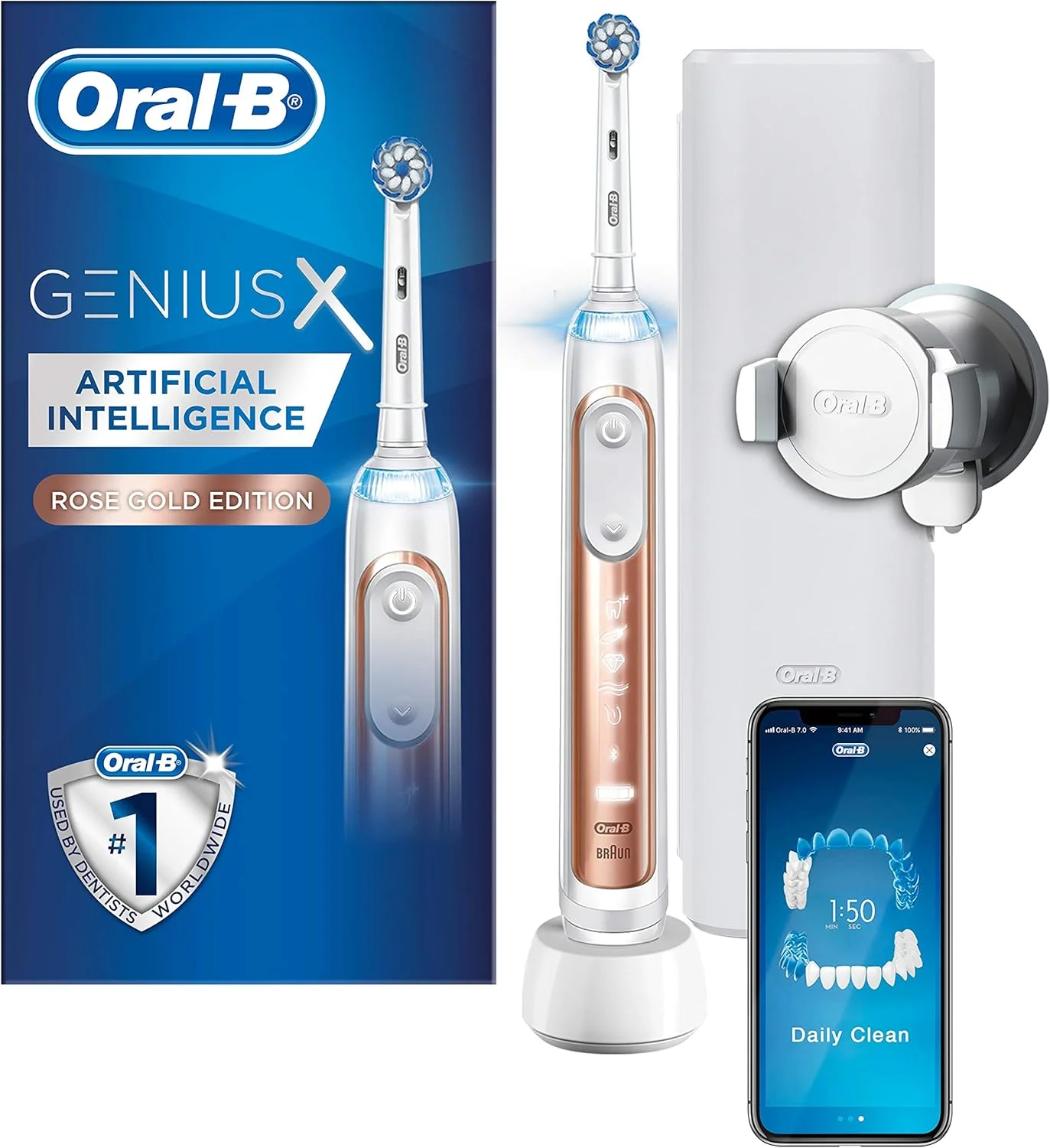 مسواک برقی هوشمند Oral-B Genius X با هوش مصنوعی، رنگ رزگلد، 1 سری مسواک، 6 حالت، سنسور فشار لثه، جعبه مسافرتی شارژ USB، دوشاخه 2 پین بریتانیا، هدیه برای آقایان/خانم ها
