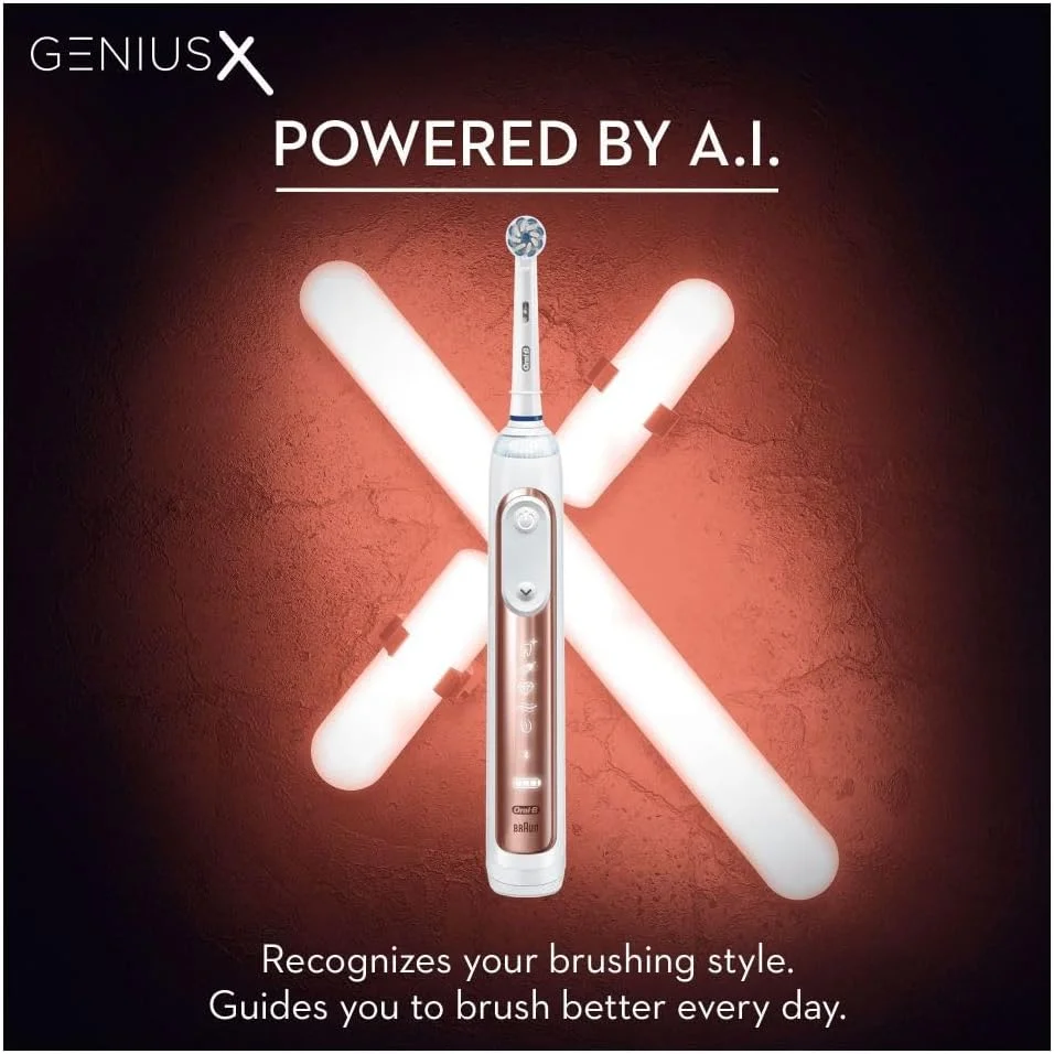 مسواک برقی هوشمند Oral-B Genius X با هوش مصنوعی، رنگ رزگلد، 1 سری مسواک، 6 حالت، سنسور فشار لثه، جعبه مسافرتی شارژ USB، دوشاخه 2 پین بریتانیا، هدیه برای آقایان/خانم ها