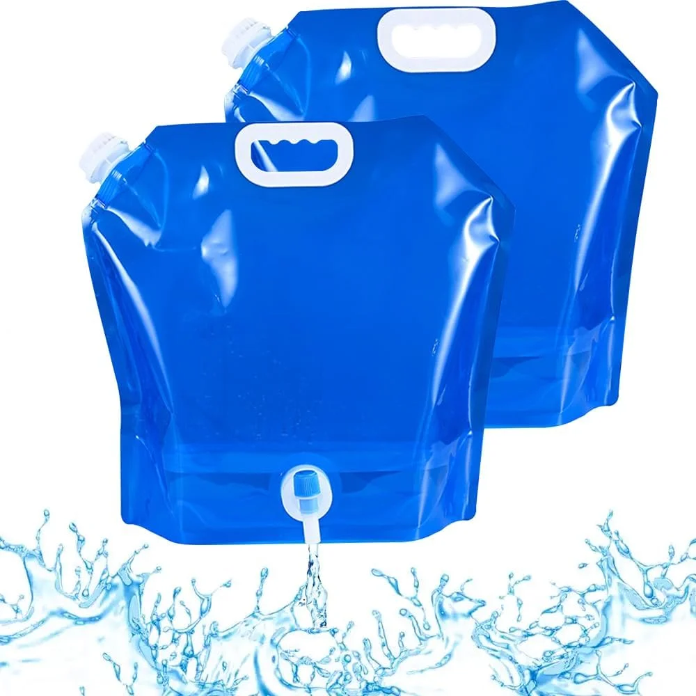 بسته 2 عددی ظروف آب کمپینگ 10 لیتری، کیسه های ذخیره آب قابل حمل، ظرف آب تاشو با شیر، ظرف حمل آب خودرو، کیسه های آب تاشو برای کمپینگ ورزشی، پیاده روی، پیک نیک، باربیکیو (آبی)