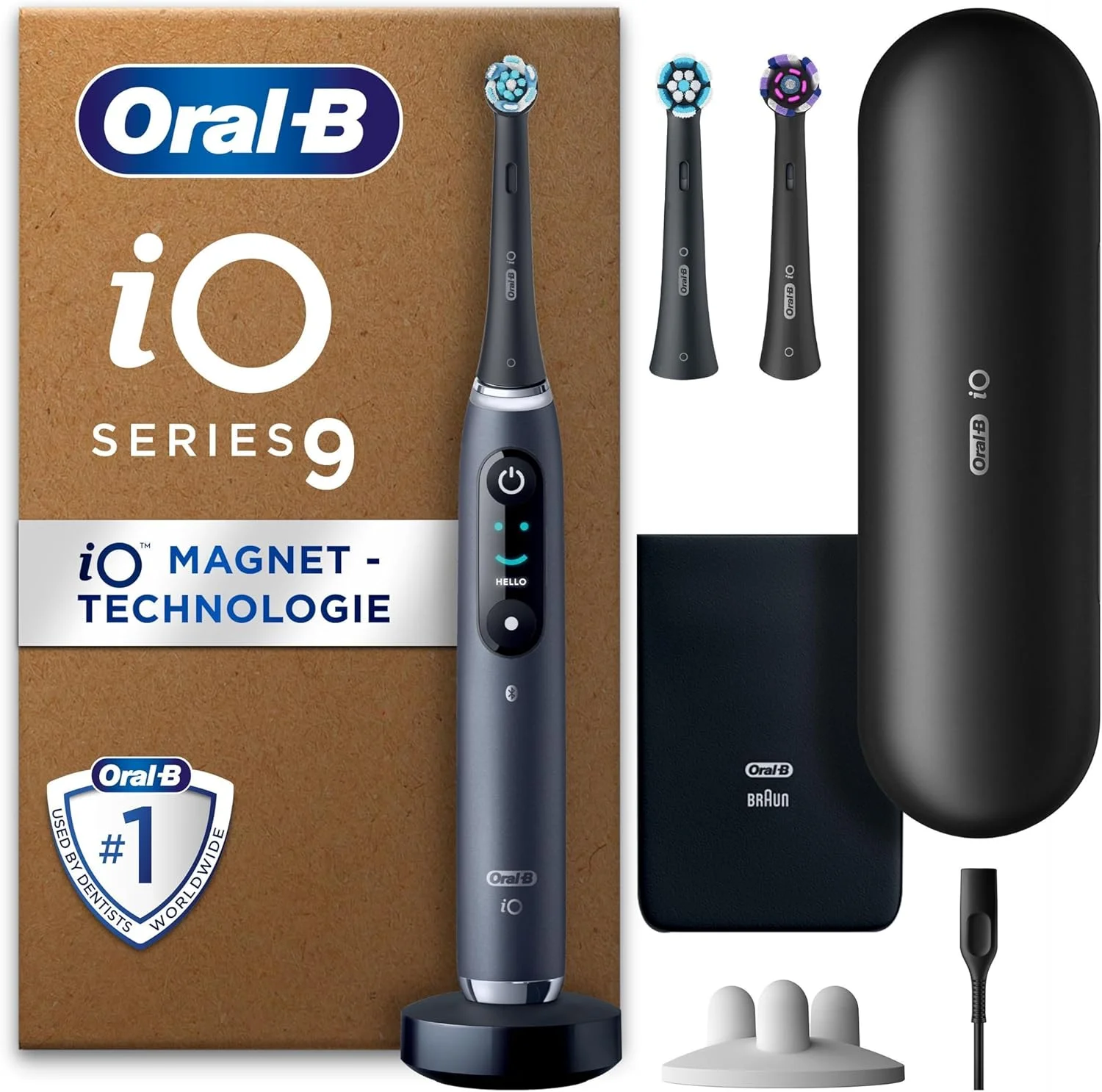 مسواک برقی مشکی Oral-B iO 9 مدل 4210201443889، دارای 3 سری، 1 جعبه مسافرتی شارژ، طراحی شده توسط براون، مشکی