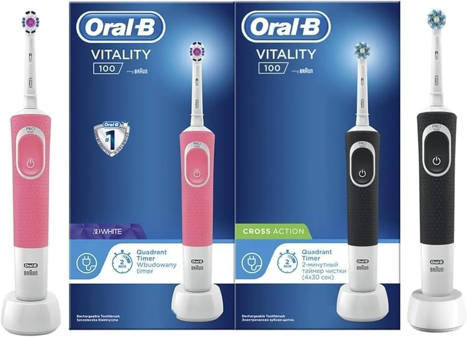 مسواک برقی شارژی اورال-بی Vitality D100 مشکی و صورتی بسته 1+1 رایگان، با دوشاخه 3 پین امارات متحده عربی