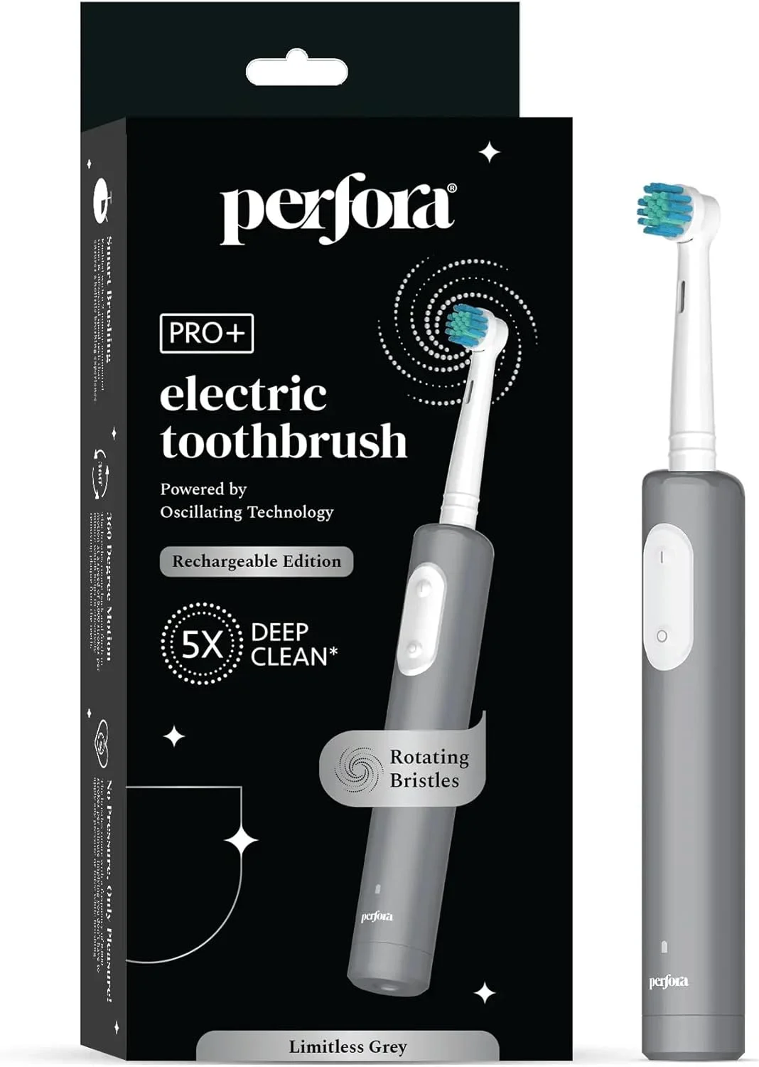 مسواک برقی نوسانی Perfora PRO | مسواک برقی قابل شارژ، برس برقی، مسواک برقی بزرگسال، 8800 دور در دقیقه، 1 حالت، تایمر خودکار 2 دقیقه ای (خاکستری بی نهایت)