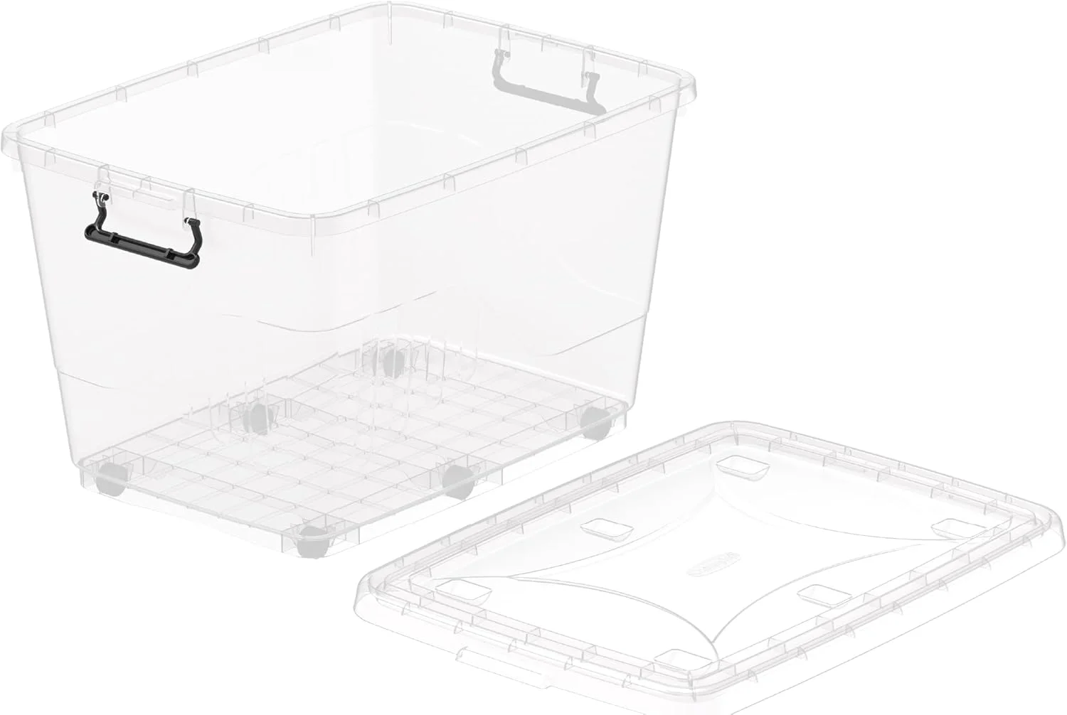 باکس نگهداری پلاستیکی شفاف 132 لیتری Cosmoplast با چرخ و درب قفل‌دار، شفاف