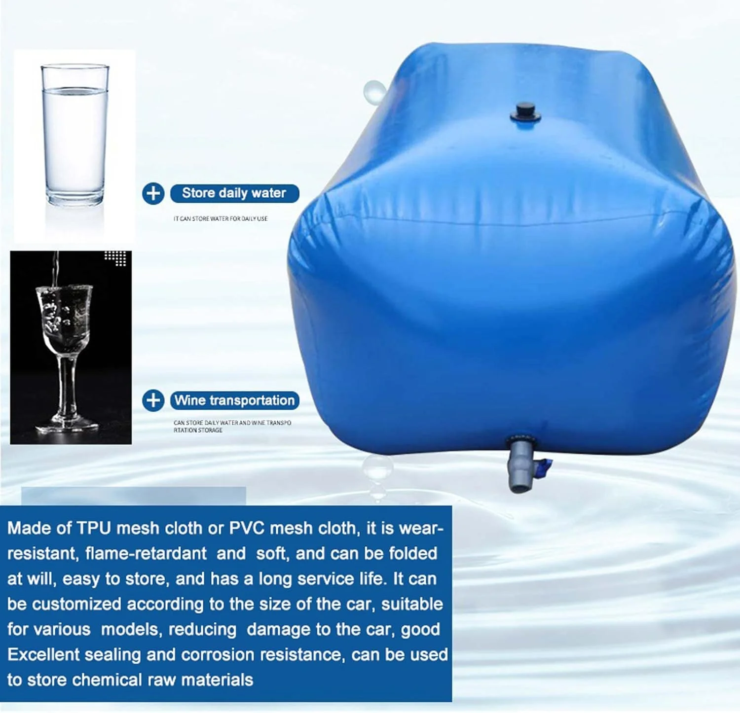 کیسه ذخیره آب PVC ضخیم تاشو با ظرفیت بزرگ، مخزن ذخیره آب، منبع آب اضطراری، مقاوم در برابر سایش و ضد افتادگی برای آبیاری کشاورزی، 1500 لیتر