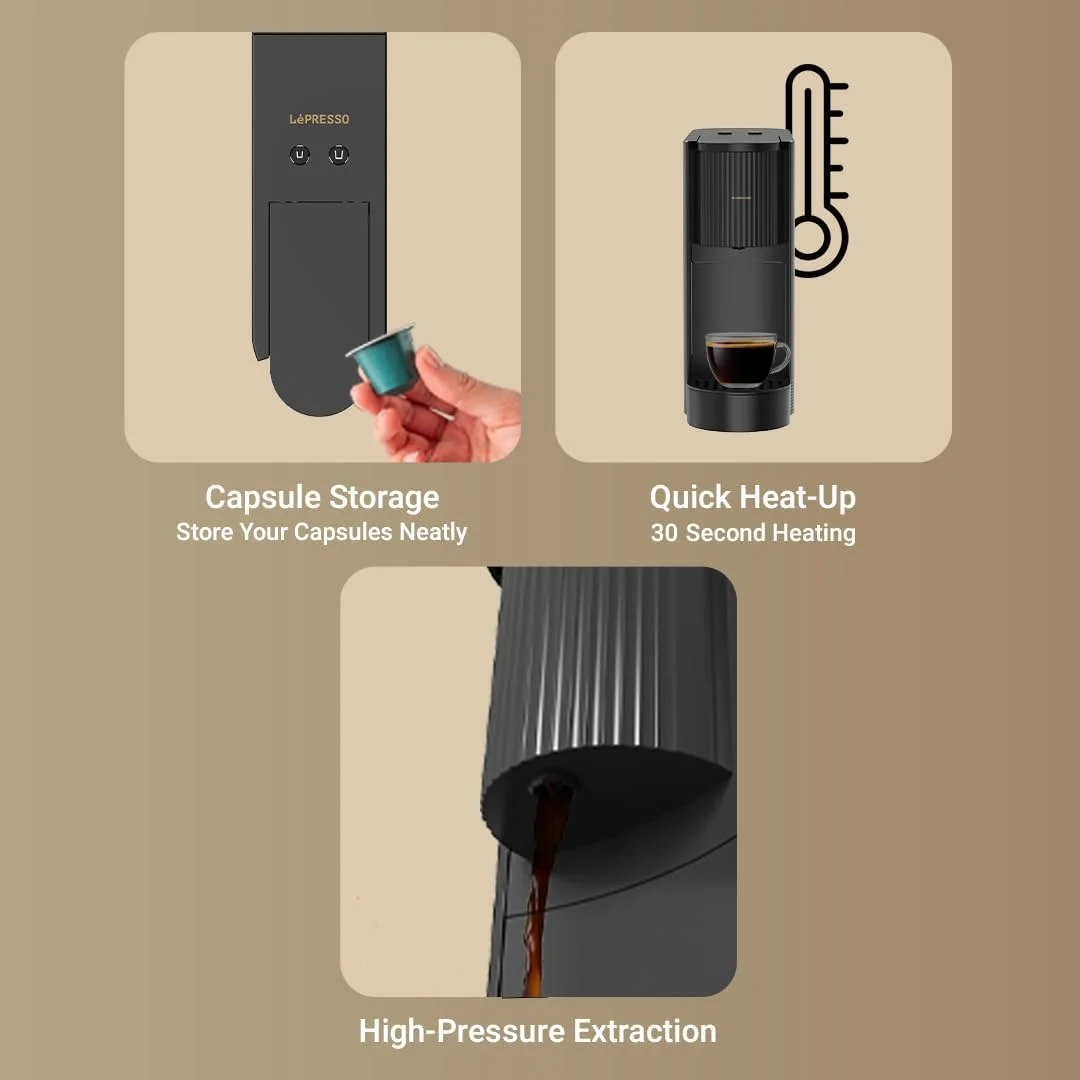 دستگاه قهوه ساز کپسولی اتوماتیک LePresso 20 بار، مخزن آب 500 میلی لیتری، دارای محفظه نگهداری کپسول، سازگار با کپسول های نسپرسو، دستگاه اسپرسو ساز با قابلیت تهیه آسان لاته و کاپوچینو تنها با یک لمس، گرم شدن سریع در 30 ثانیه
