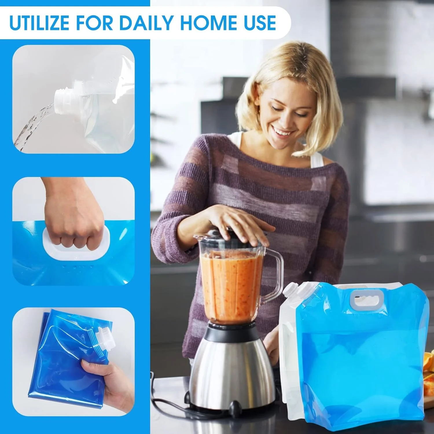 مخزن آب تاشو KOWVOWZ، قمقمه پلاستیکی درجه مواد غذایی بدون BPA، قابل انجماد و بدون نشتی برای ورزش، پیک نیک، کمپینگ، پیاده روی، مسافرت، کیت بقای اضطراری (4 عدد 5 لیتری)