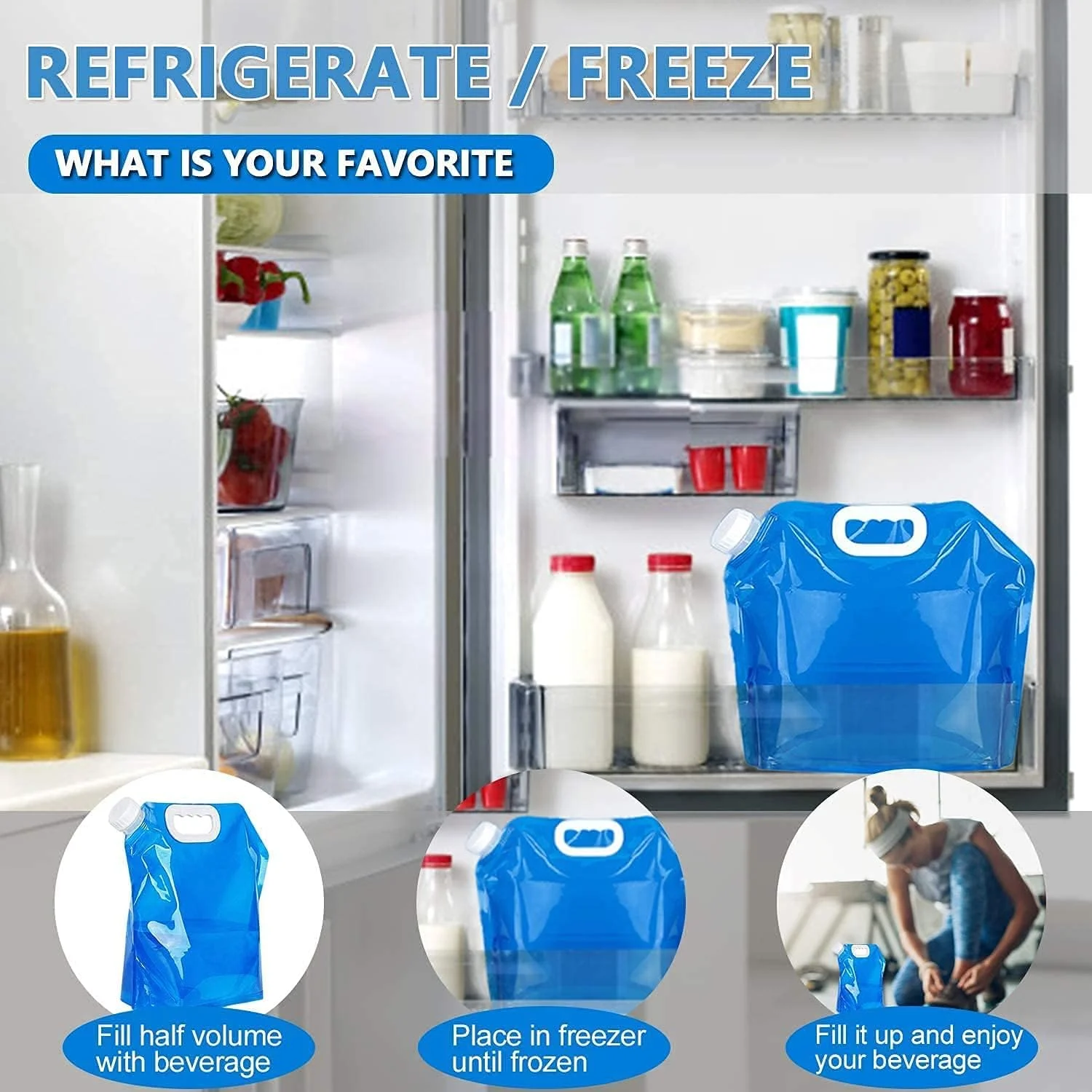 مخزن آب تاشو KOWVOWZ، قمقمه پلاستیکی درجه مواد غذایی بدون BPA، قابل انجماد و بدون نشتی برای ورزش، پیک نیک، کمپینگ، پیاده روی، مسافرت، کیت بقای اضطراری (4 عدد 5 لیتری)