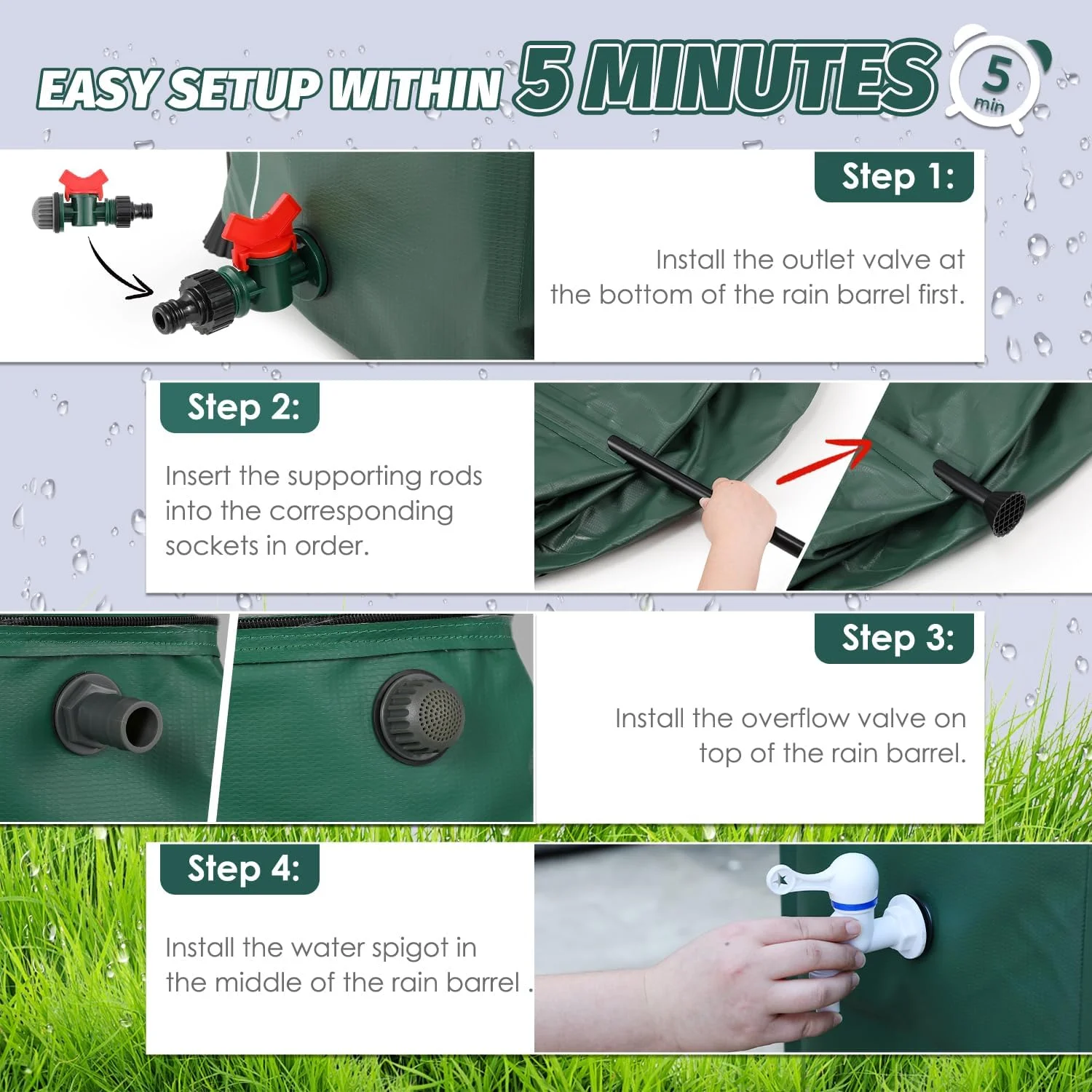 مخزن تاشو جمع آوری آب باران LANUEVA با ظرفیت 250 لیتر، سیستم جمع آوری آب باران با 2 شیر، کیت سرریز و 2 شلنگ، مخزن ذخیره آب قابل حمل با علامت مقیاس برای آبیاری گیاهان باغ، آبیاری مزرعه