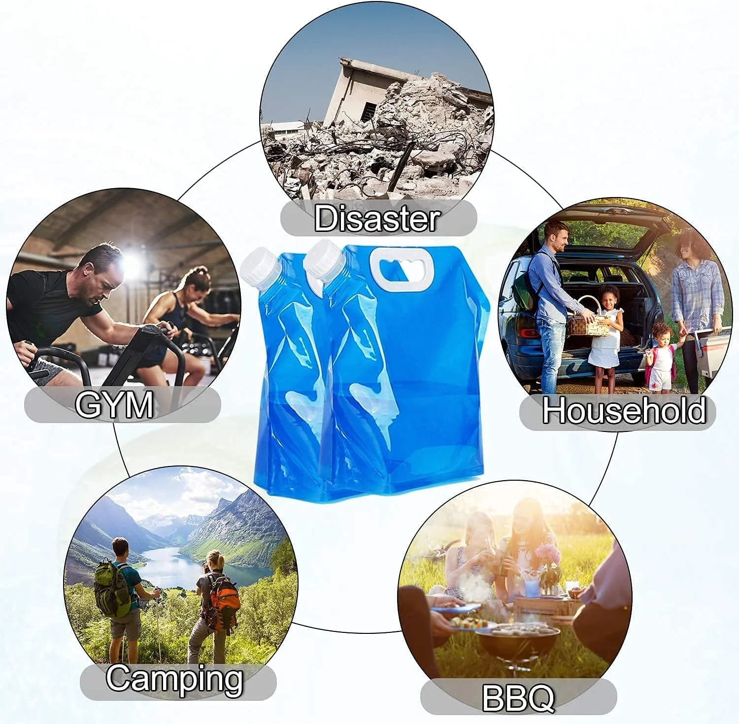 مخزن آب تاشو KOWVOWZ، قمقمه پلاستیکی درجه مواد غذایی بدون BPA، قابل انجماد و بدون نشتی برای ورزش، پیک نیک، کمپینگ، پیاده روی، مسافرت، کیت بقای اضطراری (4 عدد 5 لیتری)