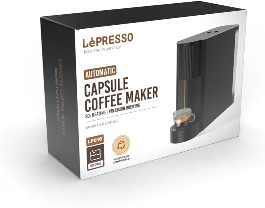 دستگاه قهوه ساز کپسولی اتوماتیک LePresso 20 بار، مخزن آب 500 میلی لیتری، دارای محفظه نگهداری کپسول، سازگار با کپسول های نسپرسو، دستگاه اسپرسو ساز با قابلیت تهیه آسان لاته و کاپوچینو تنها با یک لمس، گرم شدن سریع در 30 ثانیه