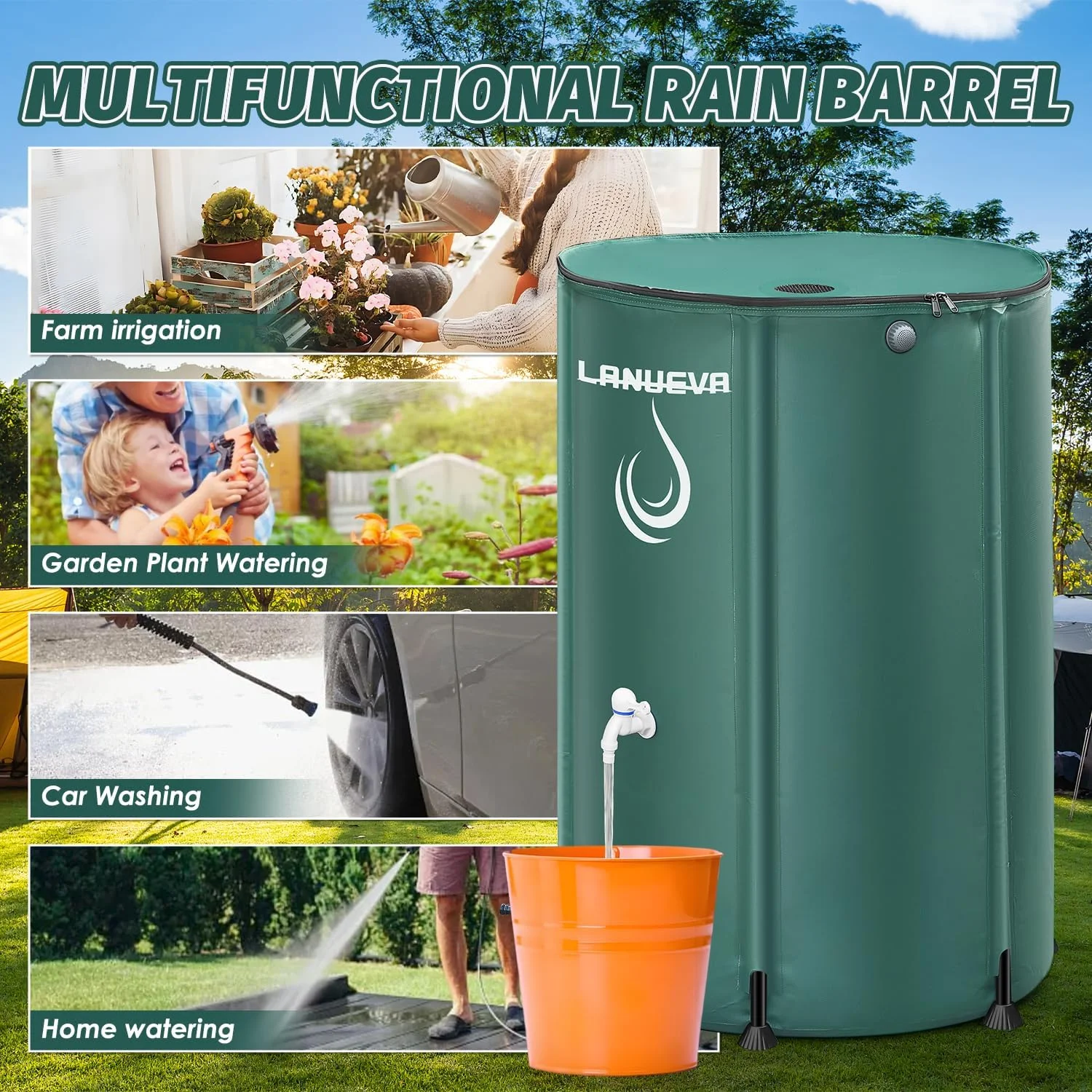 مخزن تاشو جمع آوری آب باران LANUEVA با ظرفیت 250 لیتر، سیستم جمع آوری آب باران با 2 شیر، کیت سرریز و 2 شلنگ، مخزن ذخیره آب قابل حمل با علامت مقیاس برای آبیاری گیاهان باغ، آبیاری مزرعه