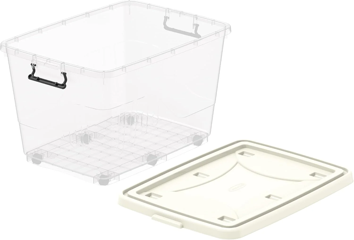 جعبه نگهداری پلاستیکی شفاف 82 لیتری Cosmoplast با چرخ و درب قفل‌دار، سفید مایل به کرم، 82 لیتر