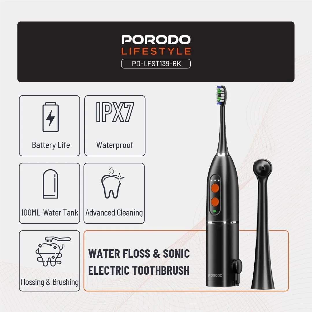 مسواک برقی Porodo Lifestyle با باتری 1000mAh، استاندارد IPX7، حالت دستی و مخزن آب 110 میلی لیتری مسواک برقی Porodo Lifestyle با باتری 1000mAh، استاندارد IPX7، حالت دستی و مخزن آب 110 میلی لیتری