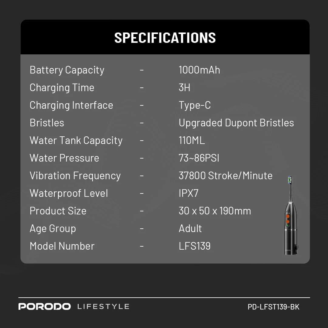 مسواک برقی Porodo Lifestyle با باتری 1000mAh، استاندارد IPX7، حالت دستی و مخزن آب 110 میلی لیتری مسواک برقی Porodo Lifestyle با باتری 1000mAh، استاندارد IPX7، حالت دستی و مخزن آب 110 میلی لیتری