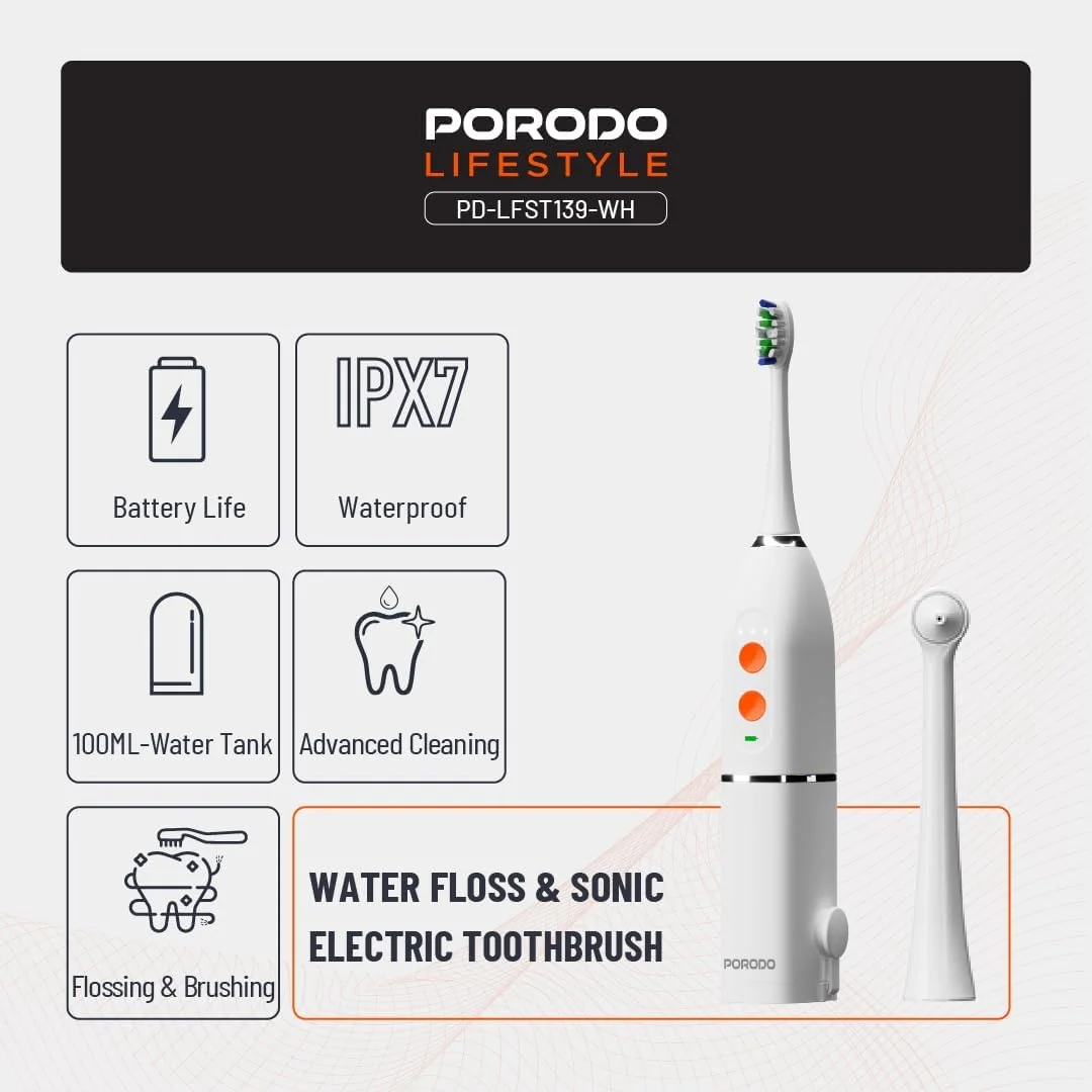 مسواک برقی سبک زندگی Porodo 100 میلی لیتر، IPX7، مسواک قابل شارژ، 2 برس جایگزین، 25 روز عمر باتری، فشار آب 86PSi، حالت های تمیز کردن پیشرفته، برای خانه، مسافرت مسواک برقی سبک زندگی Porodo 100 میلی لیتر، IPX7، مسواک قابل شارژ، 2 برس جایگزین، 25 روز عمر باتری، فشار آب 86PSi، حالت های تمیز کردن پیشرفته، برای خانه، مسافرت