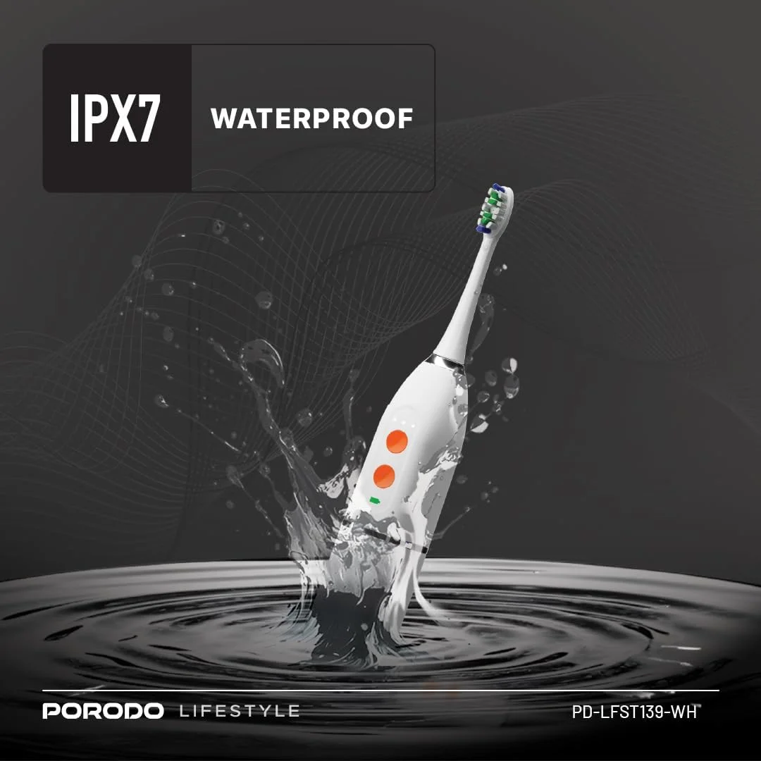 مسواک برقی سبک زندگی Porodo 100 میلی لیتر، IPX7، مسواک قابل شارژ، 2 برس جایگزین، 25 روز عمر باتری، فشار آب 86PSi، حالت های تمیز کردن پیشرفته، برای خانه، مسافرت مسواک برقی سبک زندگی Porodo 100 میلی لیتر، IPX7، مسواک قابل شارژ، 2 برس جایگزین، 25 روز عمر باتری، فشار آب 86PSi، حالت های تمیز کردن پیشرفته، برای خانه، مسافرت