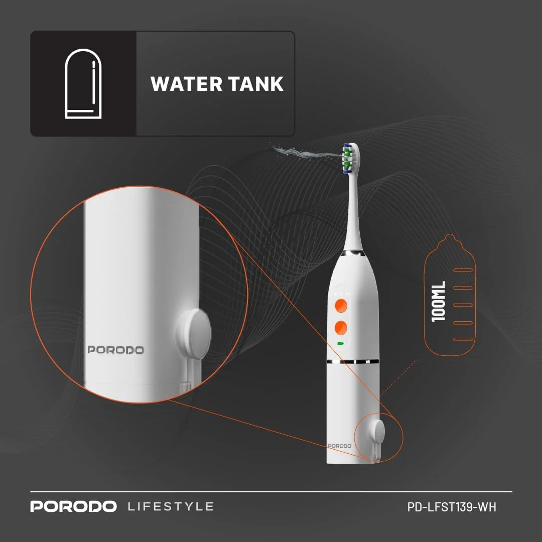 مسواک برقی سبک زندگی Porodo 100 میلی لیتر، IPX7، مسواک قابل شارژ، 2 برس جایگزین، 25 روز عمر باتری، فشار آب 86PSi، حالت های تمیز کردن پیشرفته، برای خانه، مسافرت مسواک برقی سبک زندگی Porodo 100 میلی لیتر، IPX7، مسواک قابل شارژ، 2 برس جایگزین، 25 روز عمر باتری، فشار آب 86PSi، حالت های تمیز کردن پیشرفته، برای خانه، مسافرت