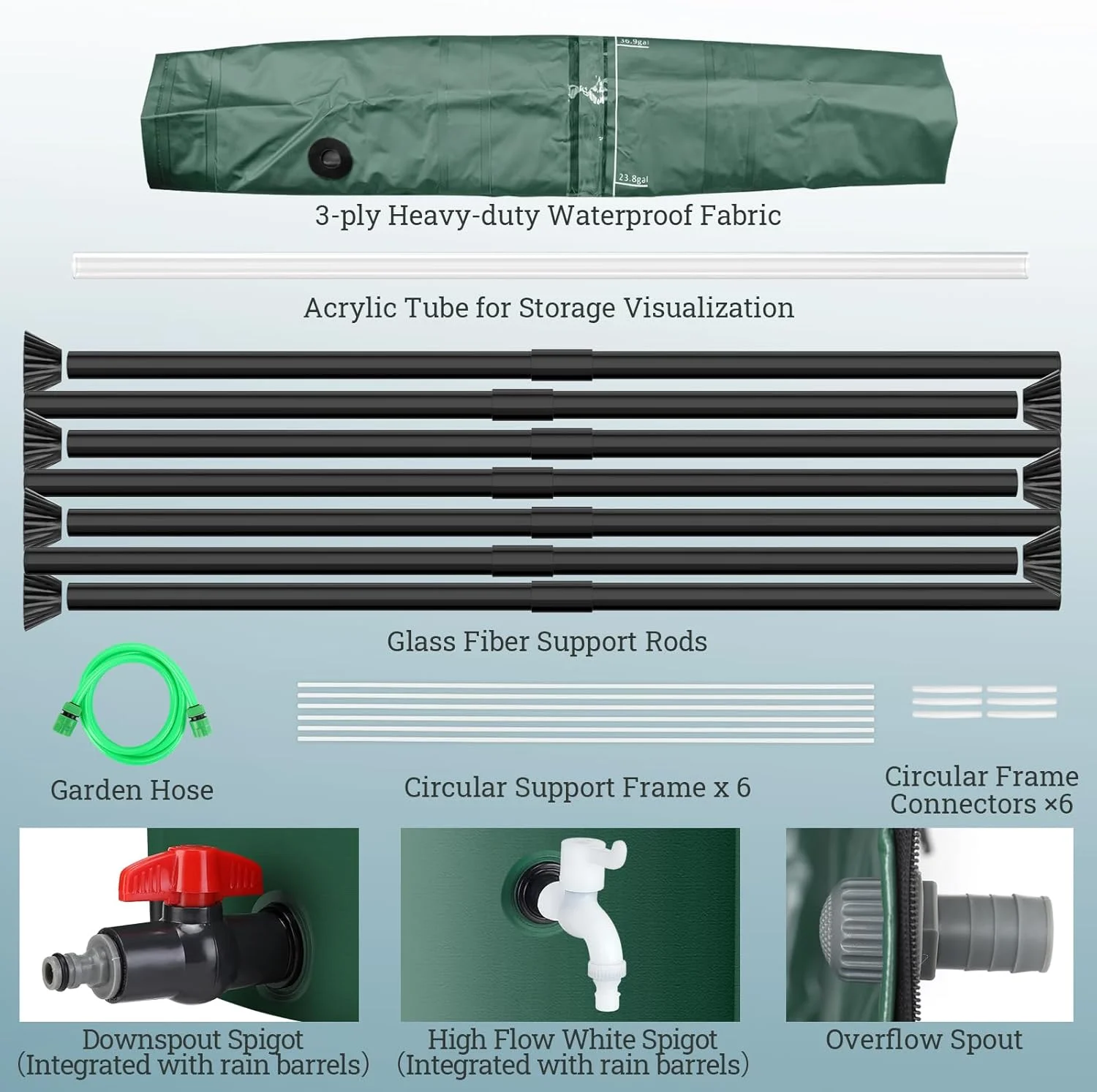 مخزن تاشو جمع آوری آب باران 378 لیتری، مخزن قابل حمل جمع آوری آب باران SKM برای باغ/فضای باز/چمن، سیستم جمع آوری آب باران PVC، مخزن ذخیره آب با شیر و کیت سرریز، سبز