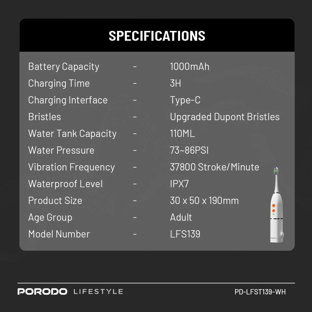 مسواک برقی سبک زندگی Porodo 100 میلی لیتر، IPX7، مسواک قابل شارژ، 2 برس جایگزین، 25 روز عمر باتری، فشار آب 86PSi، حالت های تمیز کردن پیشرفته، برای خانه، مسافرت مسواک برقی سبک زندگی Porodo 100 میلی لیتر، IPX7، مسواک قابل شارژ، 2 برس جایگزین، 25 روز عمر باتری، فشار آب 86PSi، حالت های تمیز کردن پیشرفته، برای خانه، مسافرت