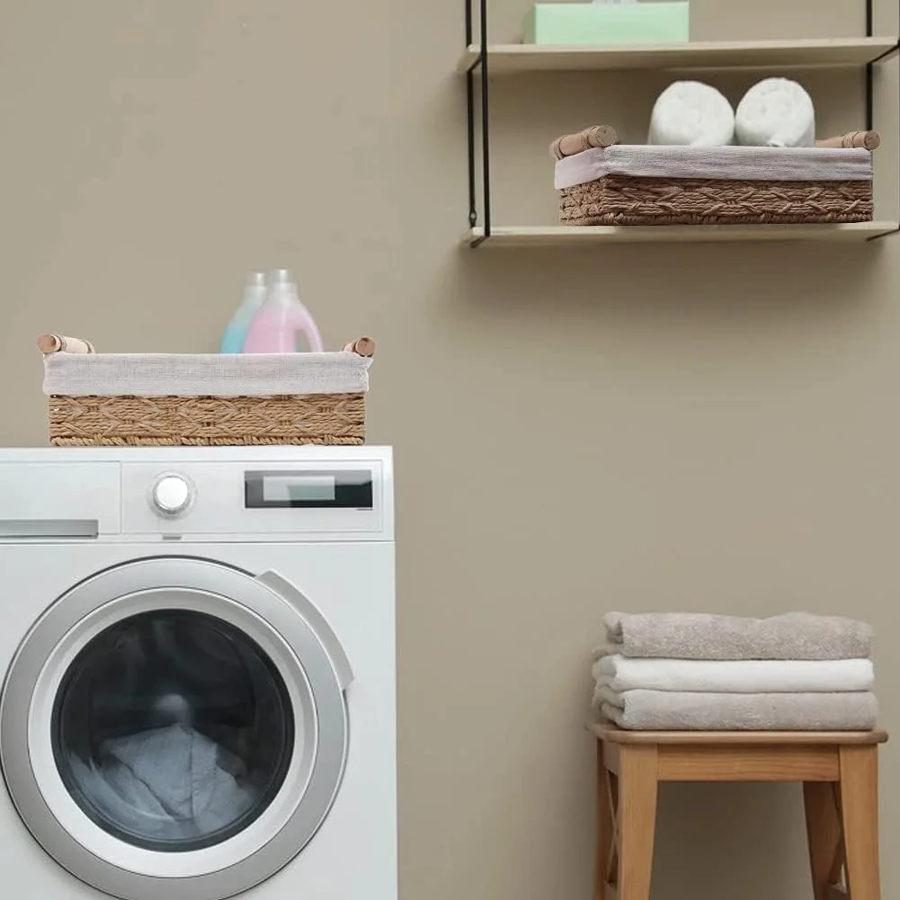 SLEEPHEAD® سبد بافت طنابی گرد کاغذی، سبدهای حصیری برای نظم دهی با دسته، سبدهای تزئینی برای پیشخوان، سبد دستمال کاغذی برای بالای مخزن توالت، ست سبدهای کوچک (ست 2 عددی، بژ)