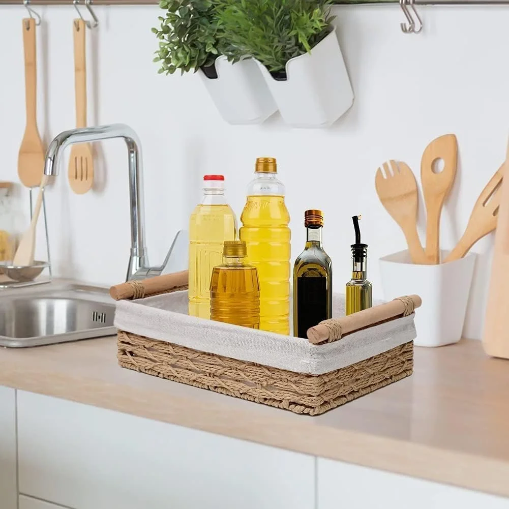 SLEEPHEAD® سبد بافت طنابی گرد کاغذی، سبدهای حصیری برای نظم دهی با دسته، سبدهای تزئینی برای پیشخوان، سبد دستمال کاغذی برای بالای مخزن توالت، ست سبدهای کوچک (ست 2 عددی، بژ)