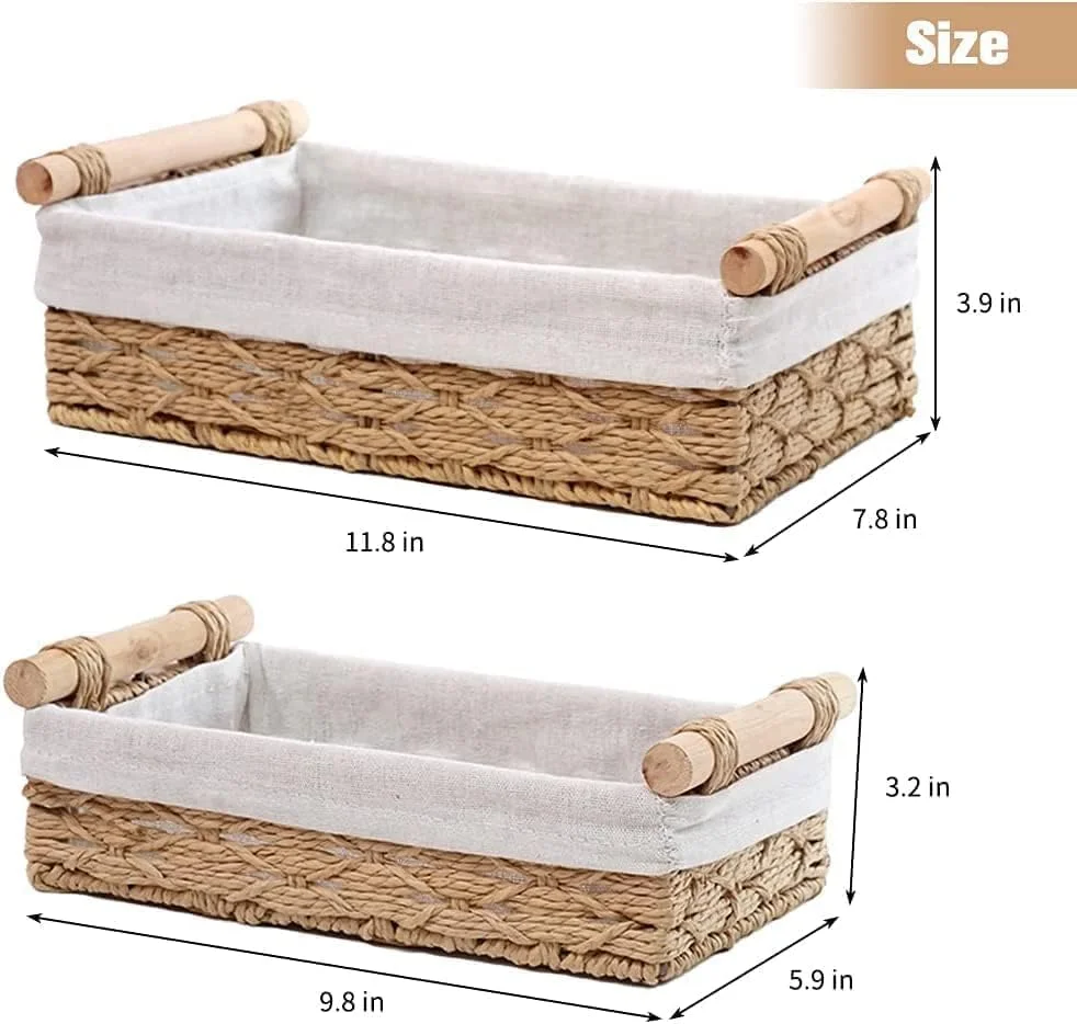 SLEEPHEAD® سبد بافت طنابی گرد کاغذی، سبدهای حصیری برای نظم دهی با دسته، سبدهای تزئینی برای پیشخوان، سبد دستمال کاغذی برای بالای مخزن توالت، ست سبدهای کوچک (ست 2 عددی، بژ)