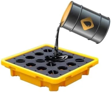 پالت نگهدارنده نشت مواد شیمیایی بشکه ای ماژولار صنعتی با زهکشی، سینی پلی اتیلنی ضد نشت برای ایمنی مخزن روغن و نگهداری مواد شیمیایی، زرد - 43 لیتر